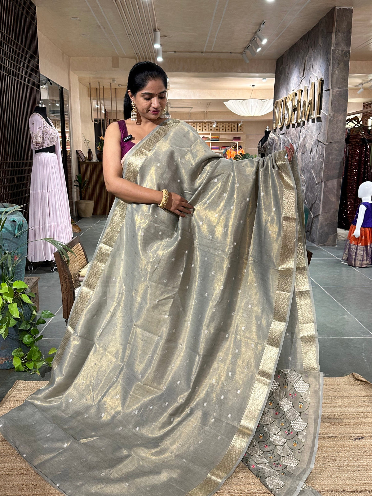 Bluish Grey  Cotton Tissue Saree with allover  Embroidery Blouse