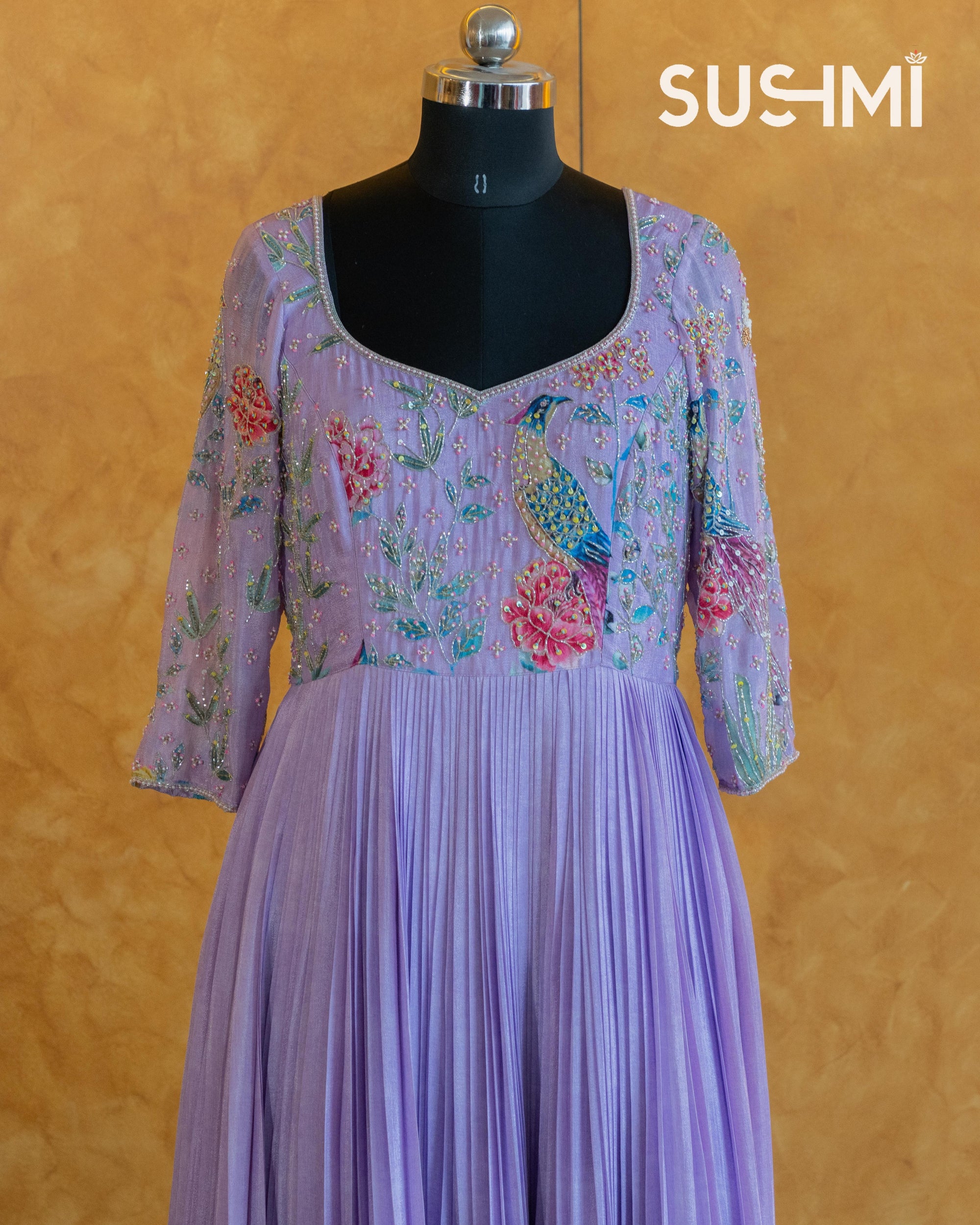Pure Chinnon Printed Long Frock with handwork yoke