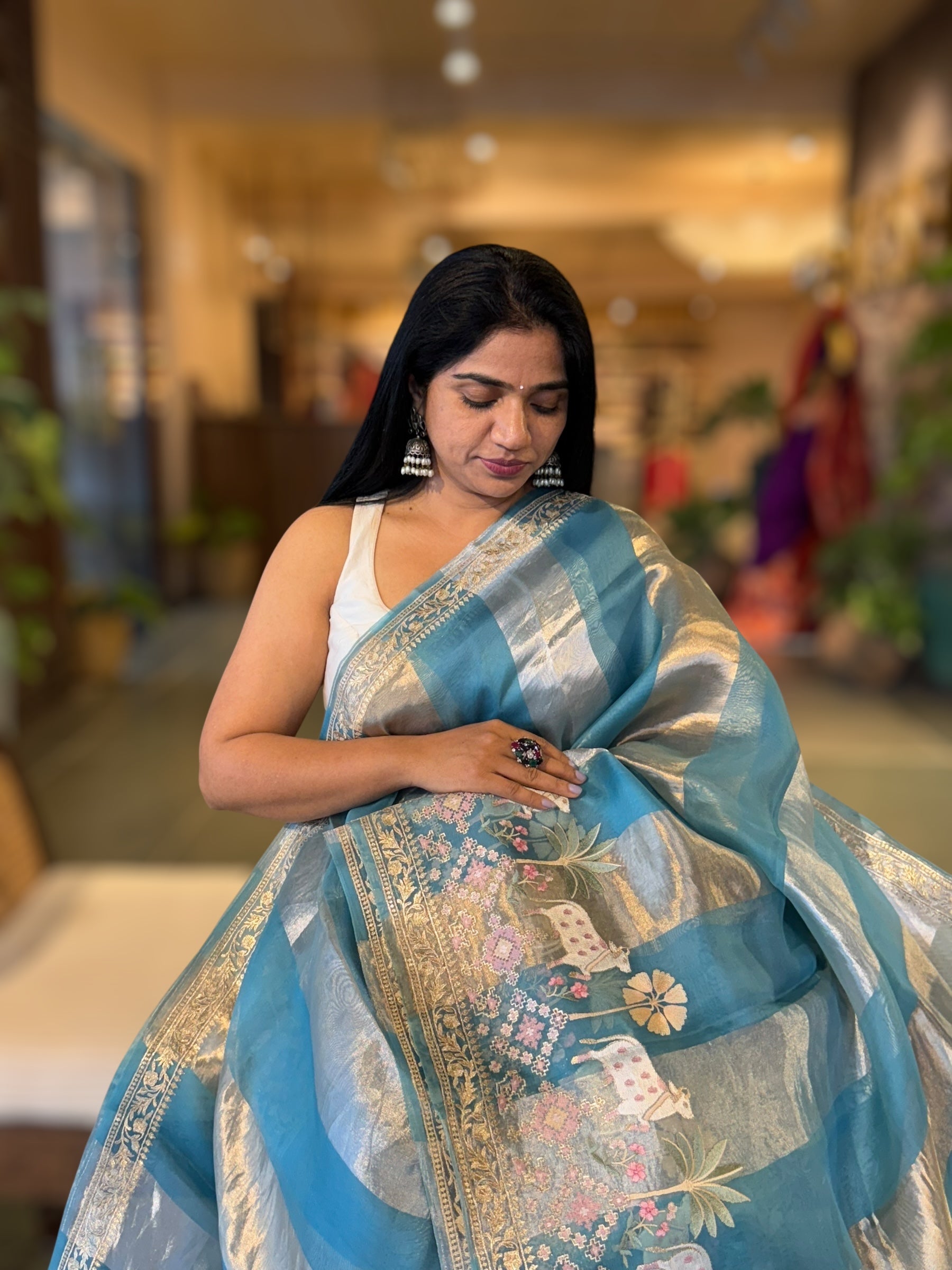 Blue Stripes Saree With Jamdani  & Pichwai embroidered Border