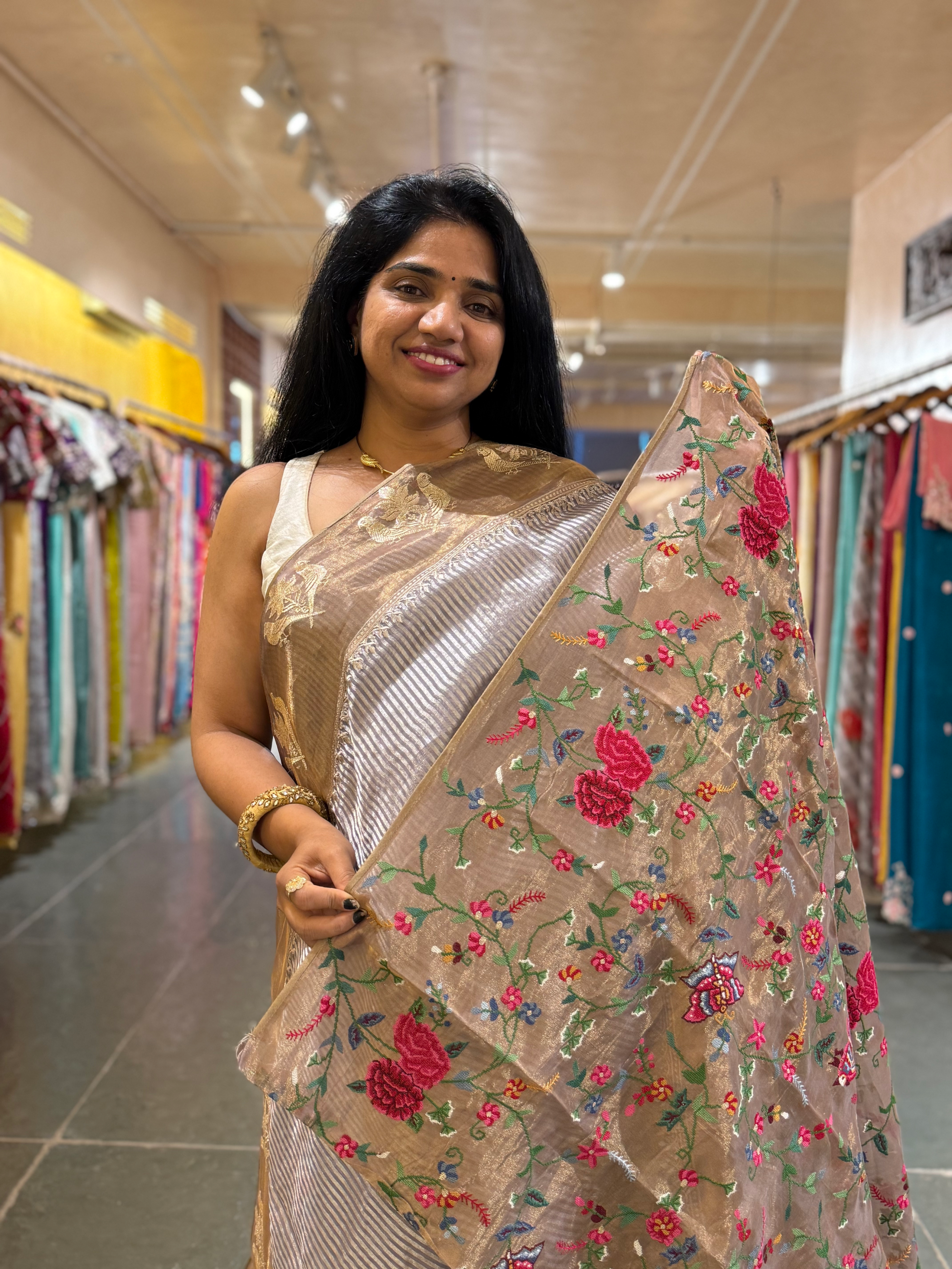 Dusty Purple Kora Tissue stripes saree wth tissue Embroidered Border