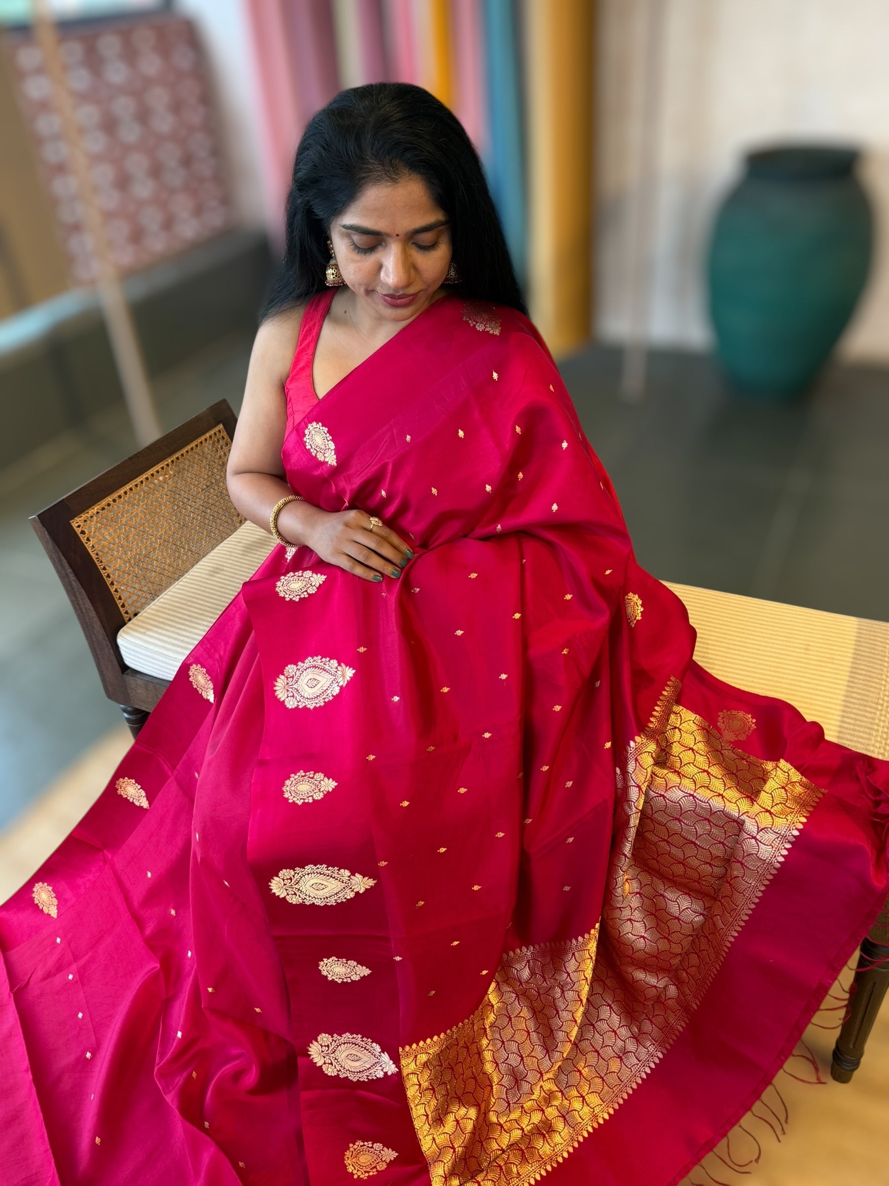 Ruby Pink Banarasi Raw Mango Silk Saree with Open Borders & Kaduwa Woven Motifs