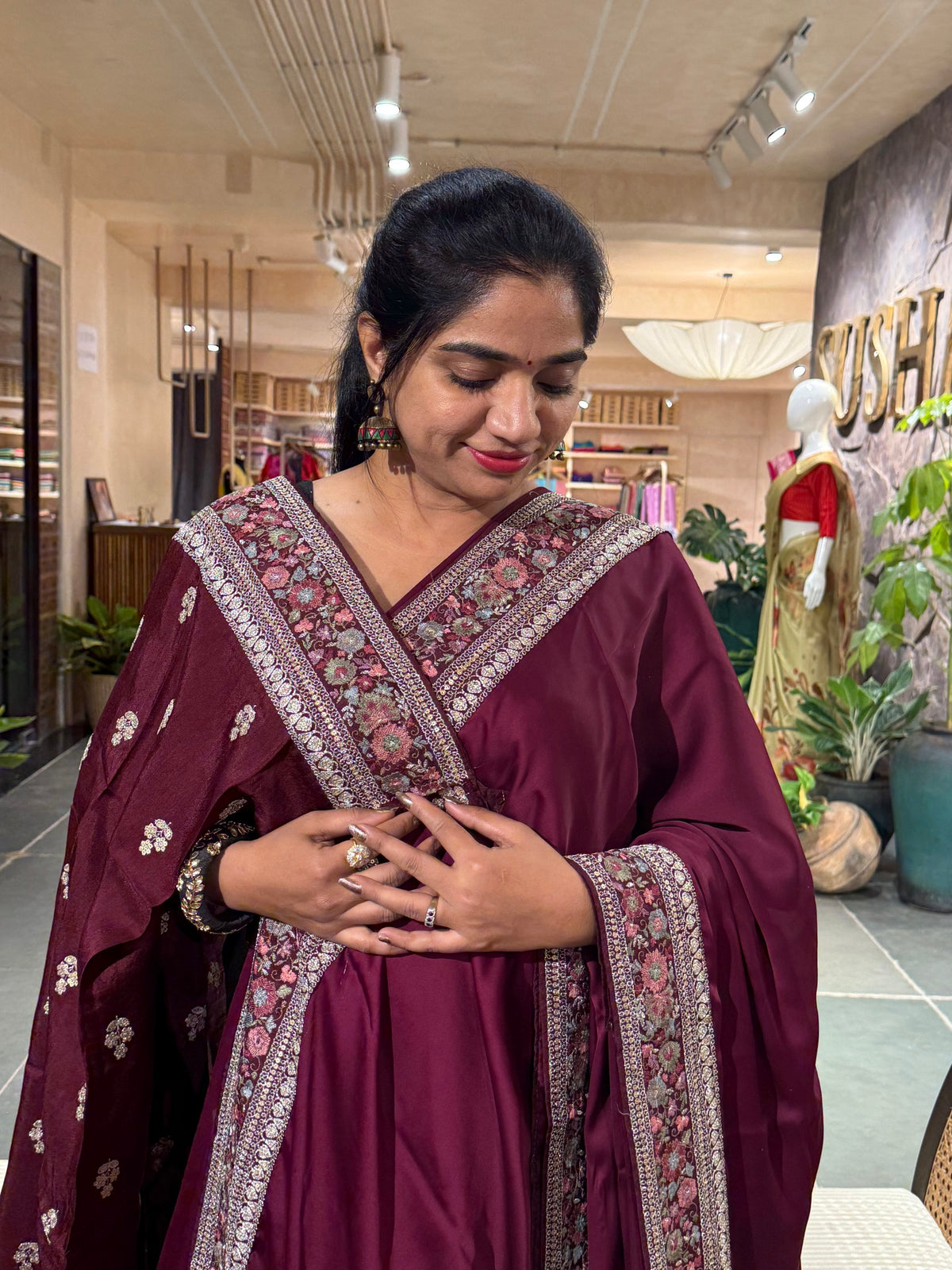 SSSM212 Wine Pure Satin Silk Saree with Sabyasachi Inspired Borders and Blouse