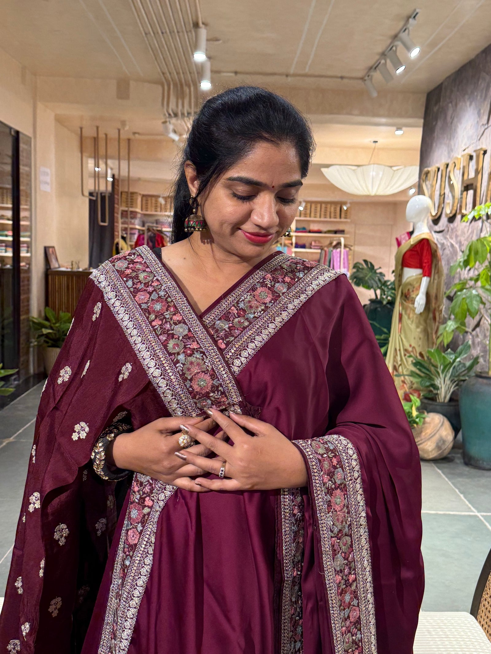 SSSM212 Wine Pure Satin Silk Saree with Sabyasachi Inspired Borders and Blouse