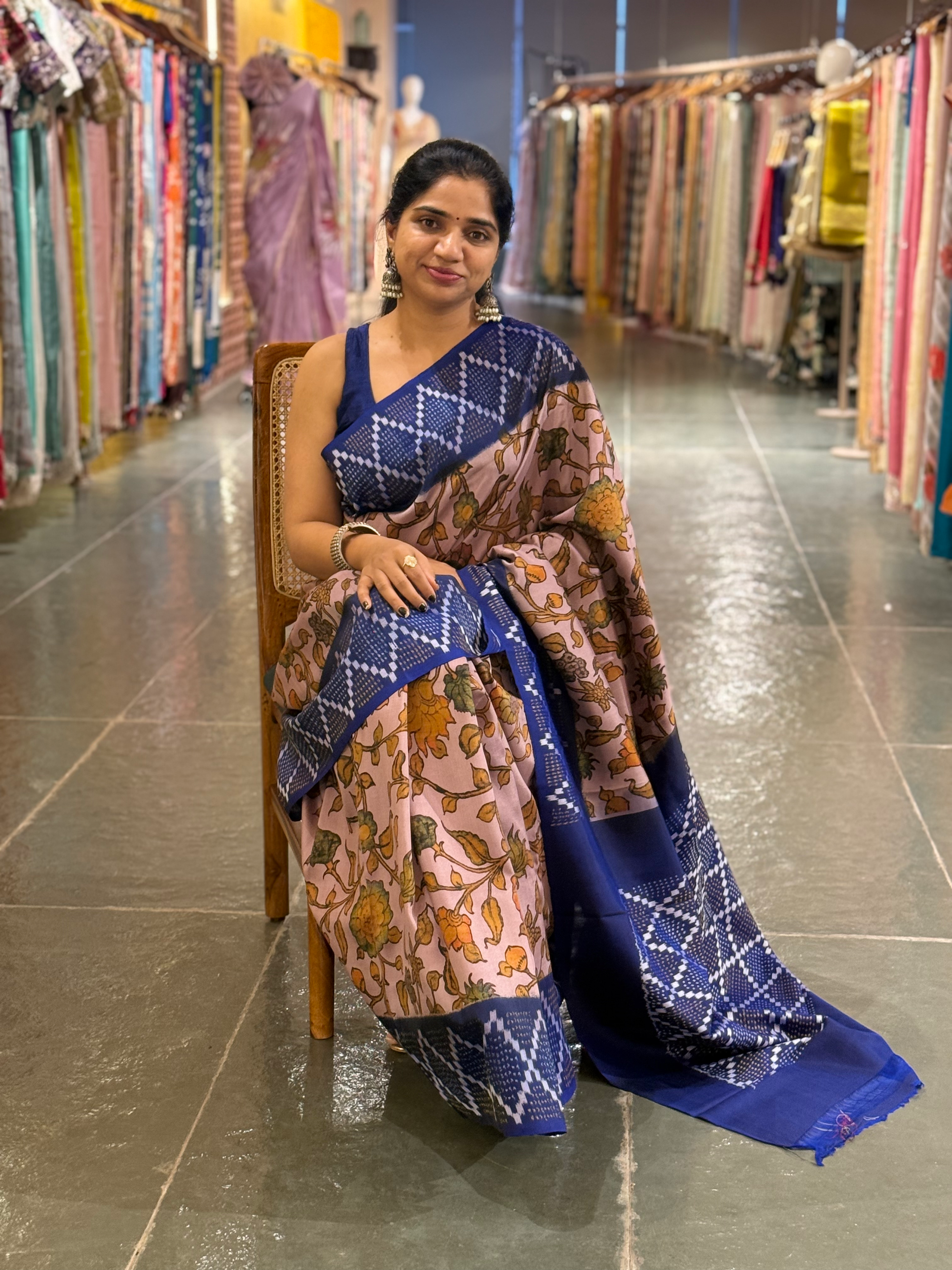 Ikkath Patola Sarees with Pen Kalamkari Style Digital  Prints