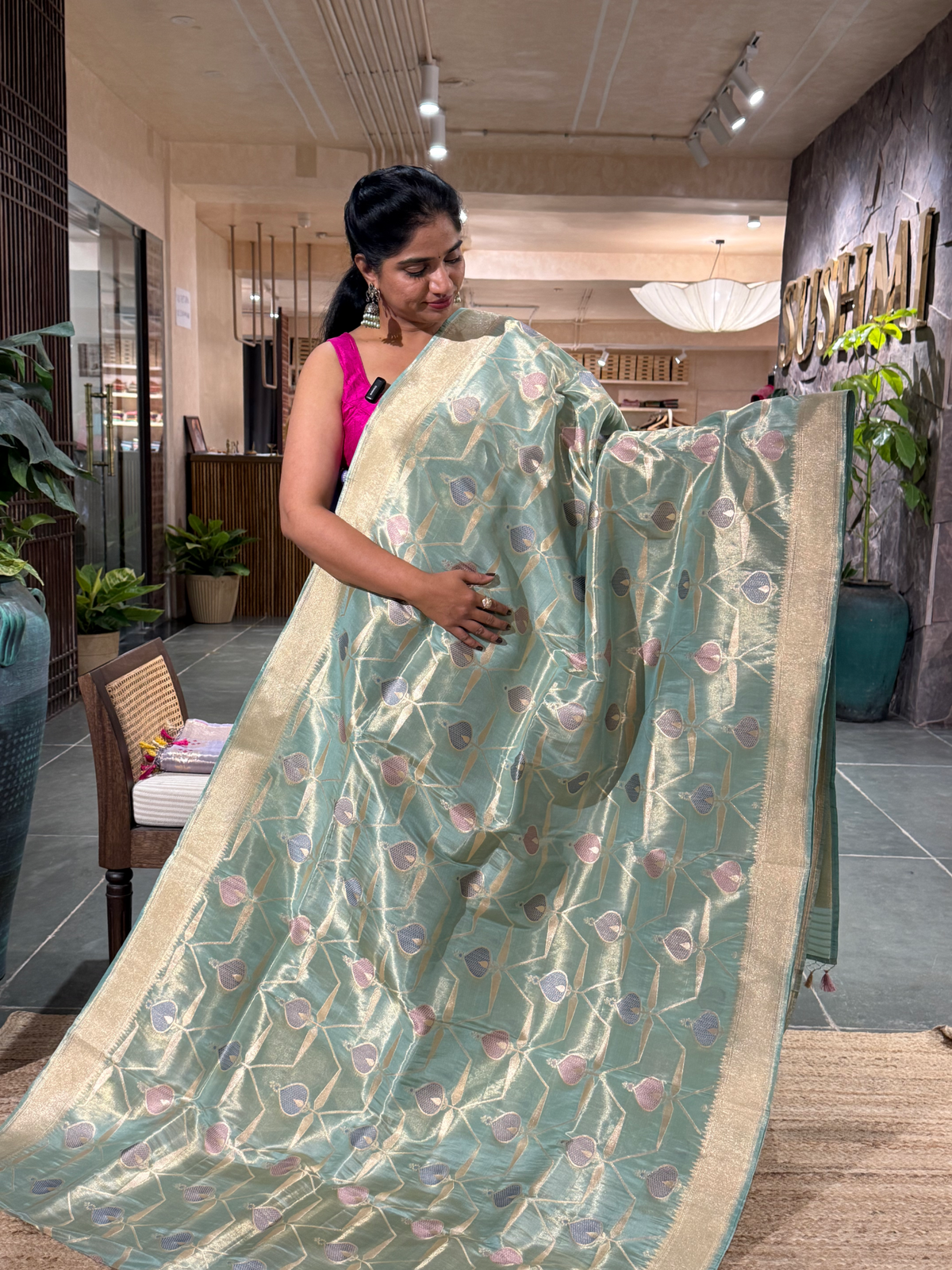 SBETM162 Teal Designer Banarasi Ektara Tissue Saree with allover meenkari jaal