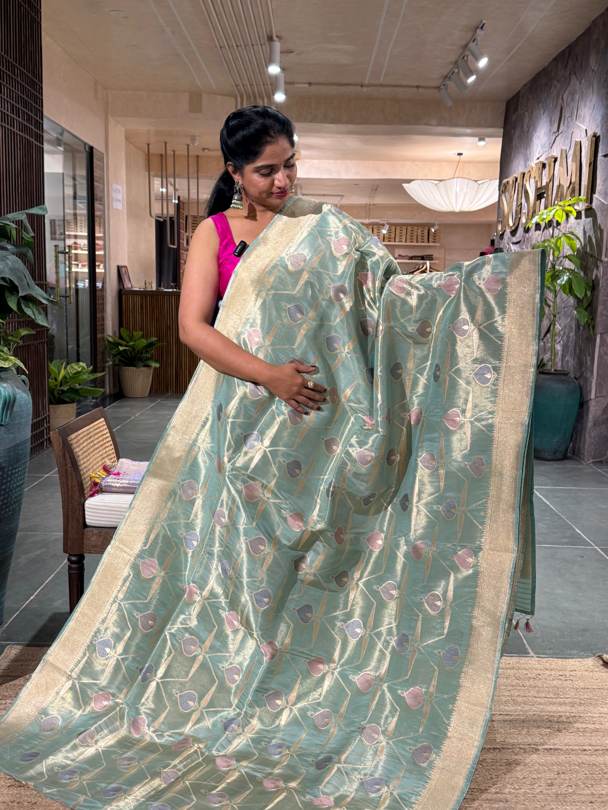 SBETM162 Teal Designer Banarasi Ektara Tissue Saree with allover meenkari jaal