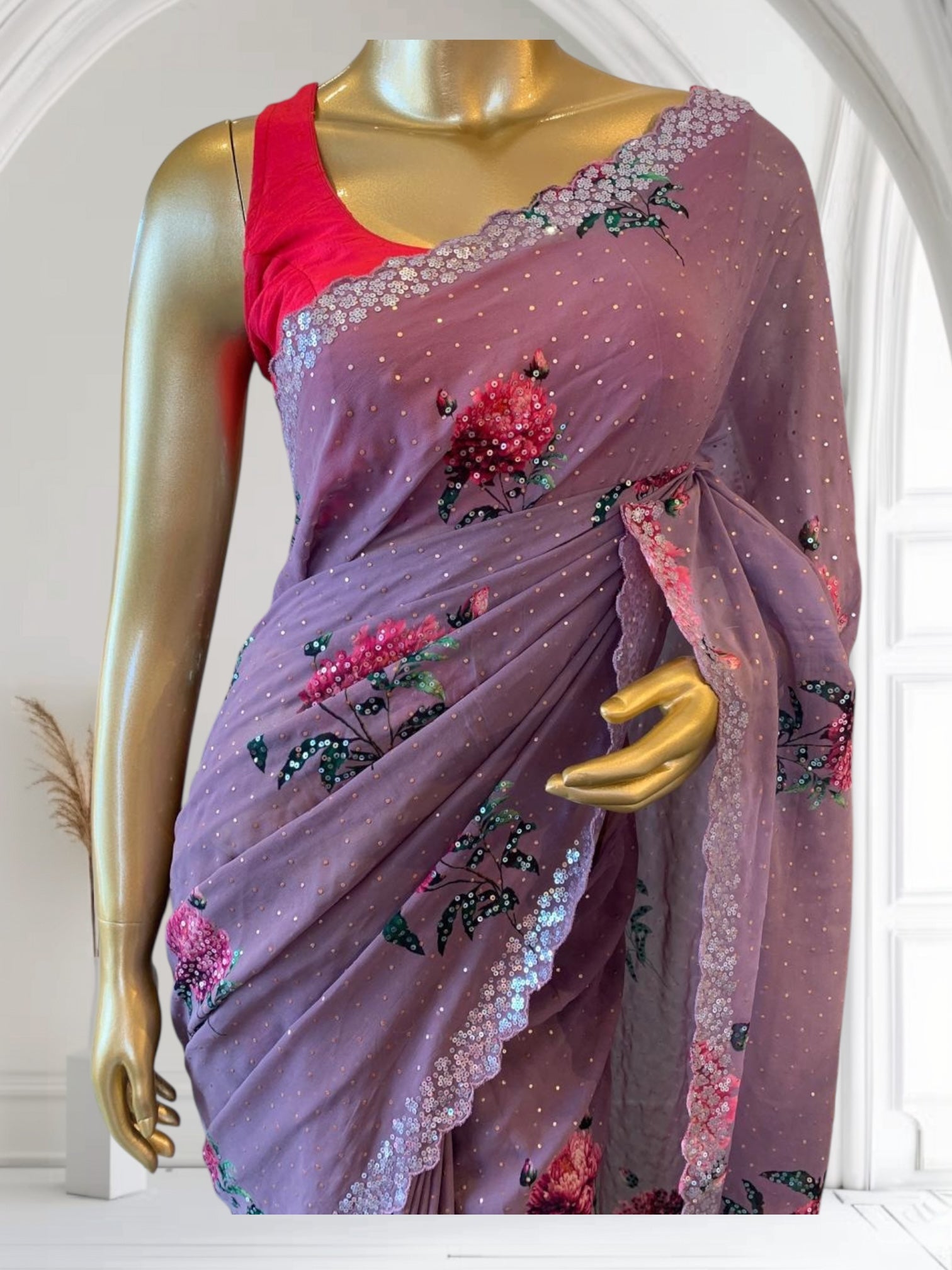 Dark Mauve Gorgette Printed Saree with sequnce border