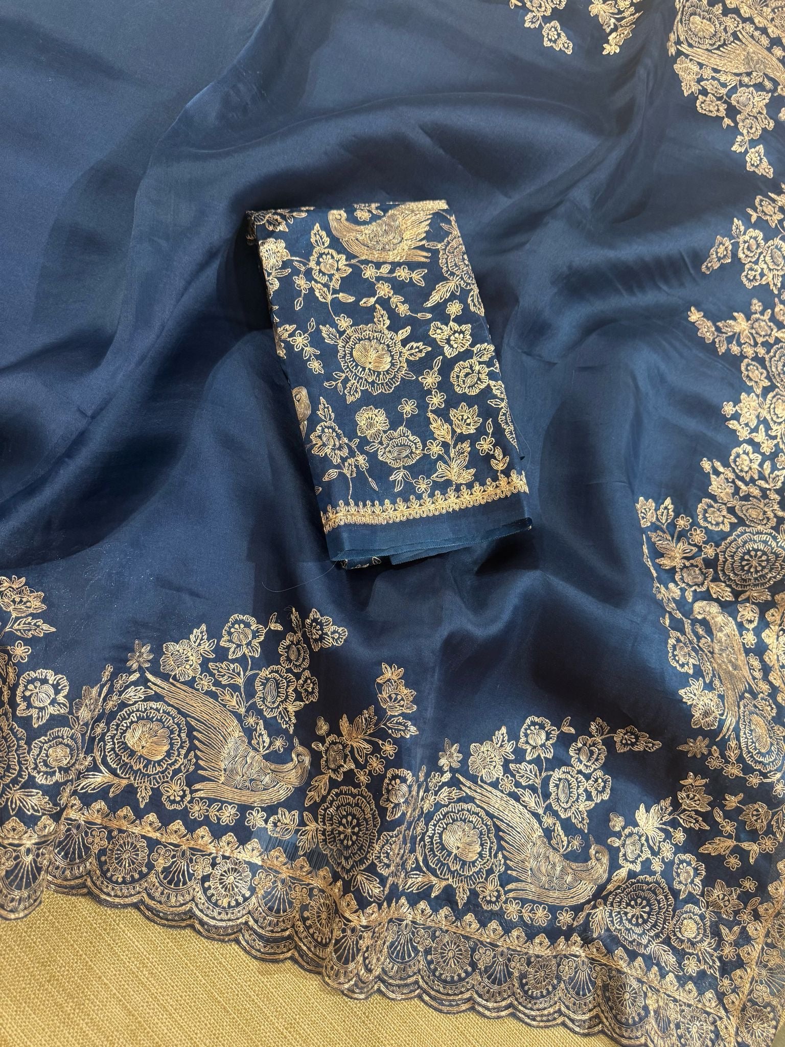 Midnight blue Pure organza Saree with pita emb