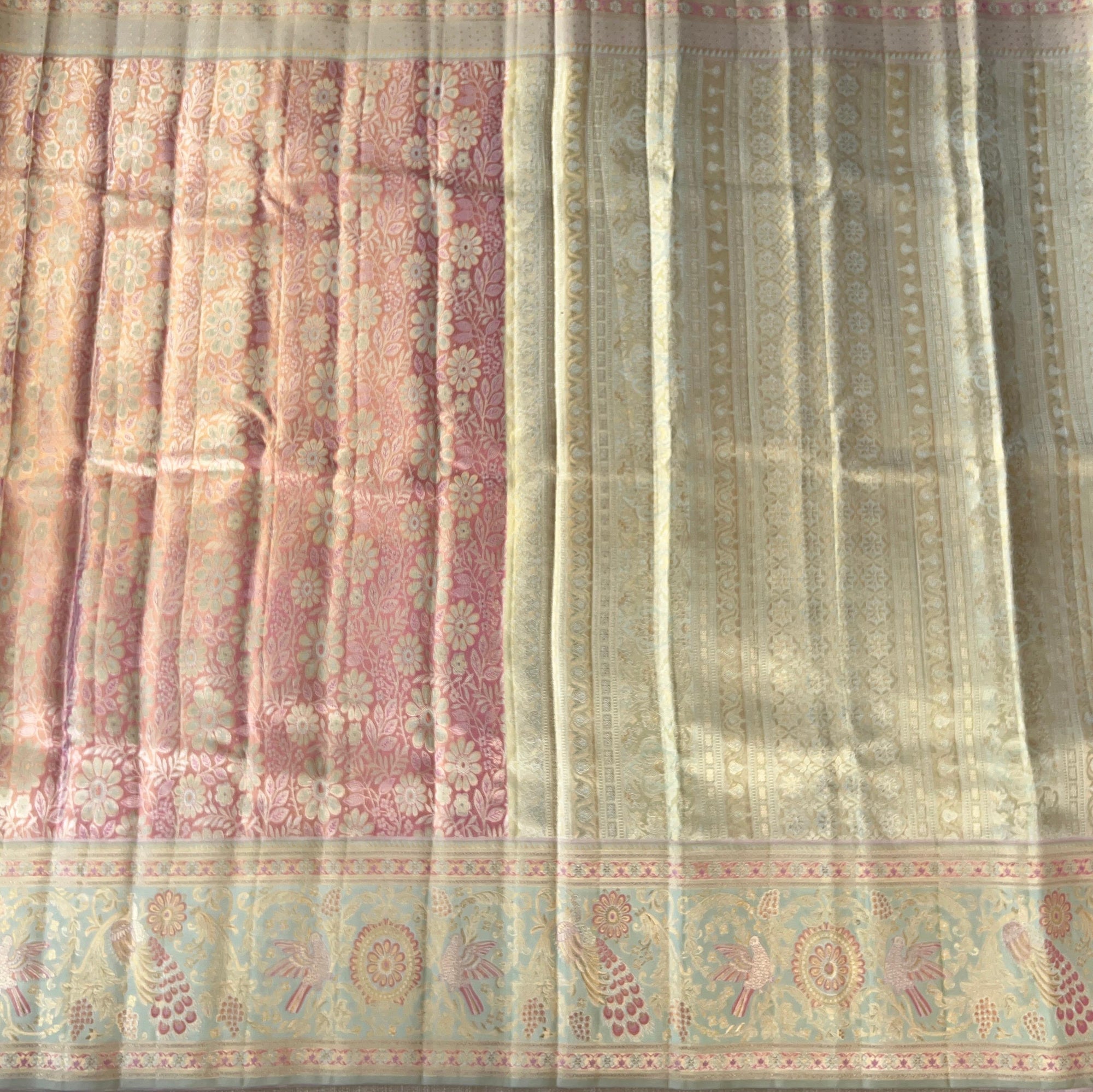 Pastel Pink & Piwder Blue  Kanchi Pattu Saree With Allover Meenakari Weaving