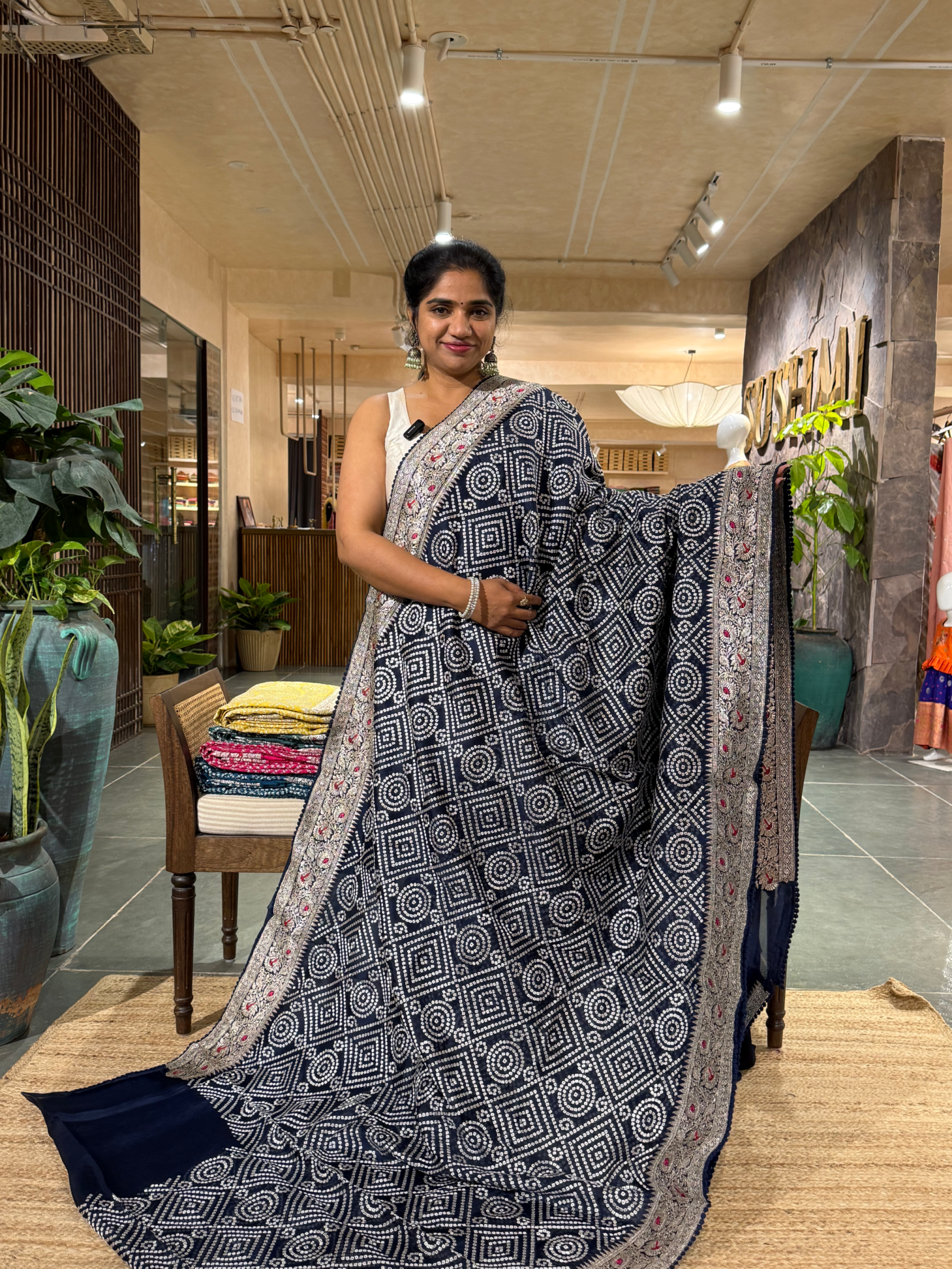 SOBBM173 :Midnight Blue  Organza Banarasi with Bandhini Look Allover Embroidery