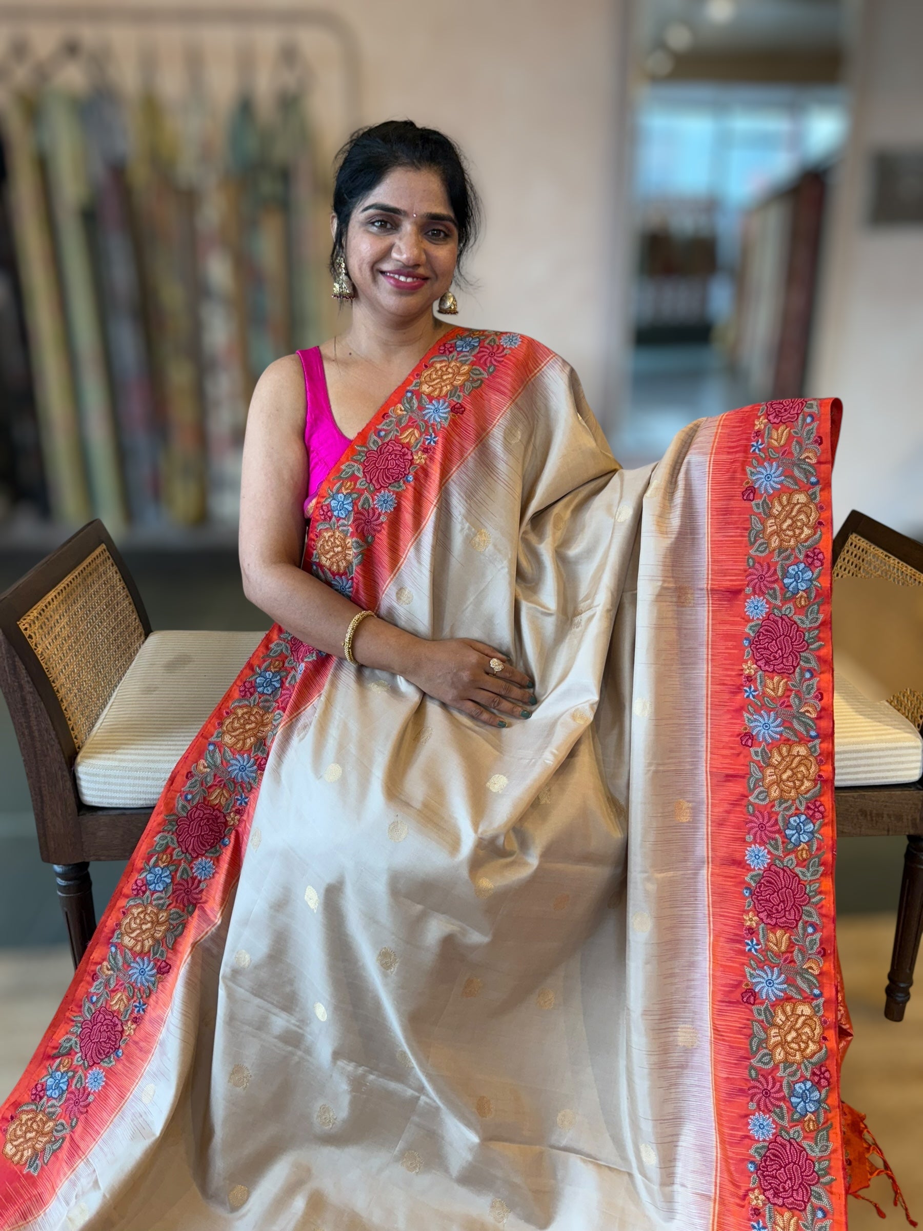 Champagne Gold Kanchi Silk Saree in With Petite Point  Embroidered Border