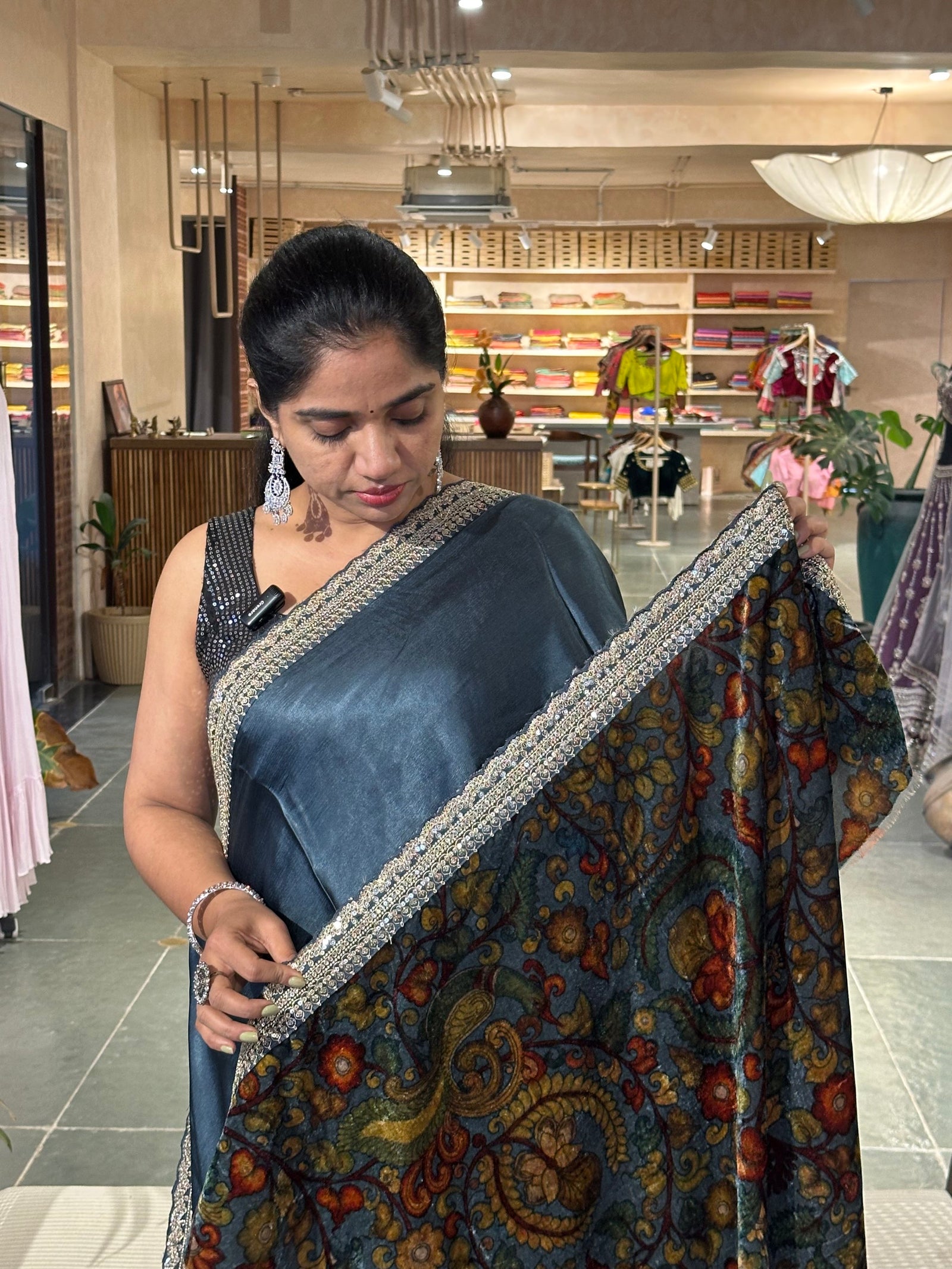Pure Satin Silk Saree with sabyasachi borders paired with velvet Printed Blouse