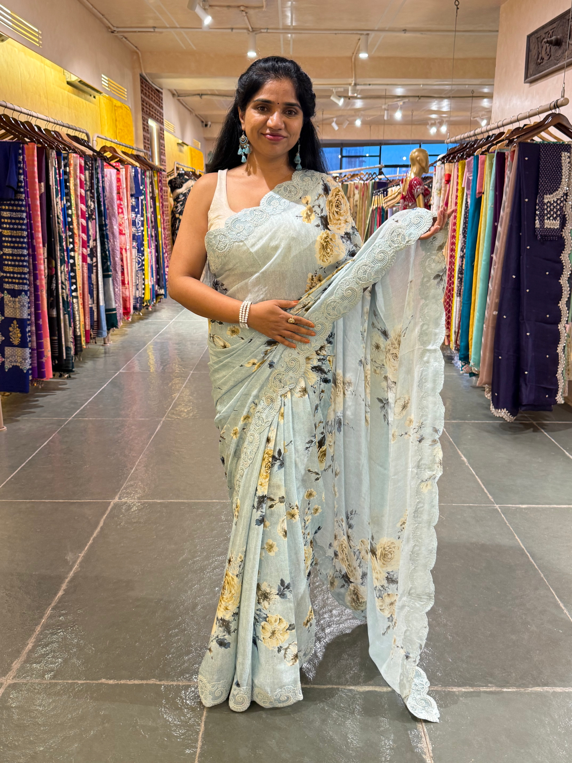 Crepe Silk Gorgette Floral Printed Saree with Cutwork Border