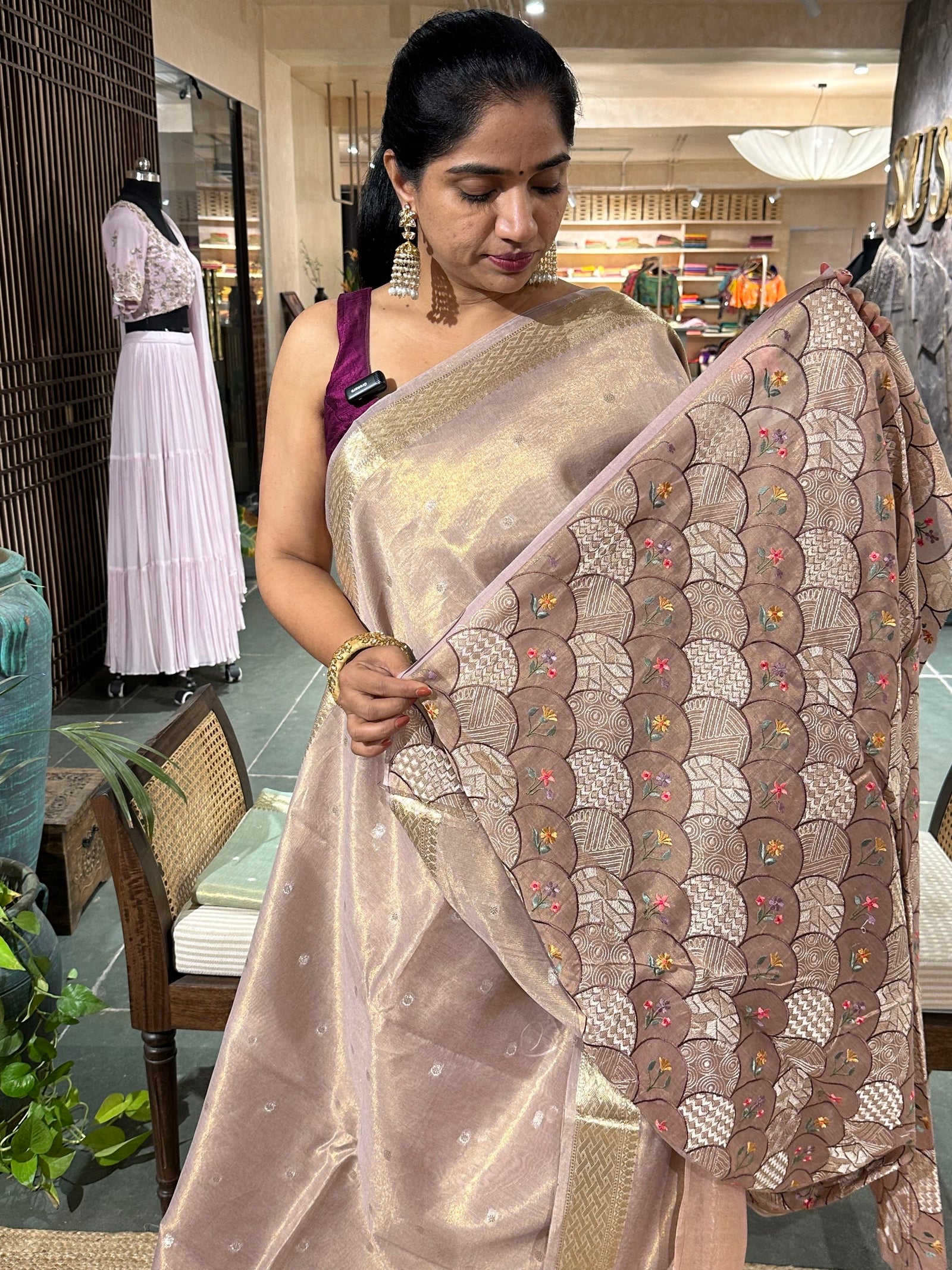 Light Mauve Cotton Tissue Saree with allover  Embroidery Blouse