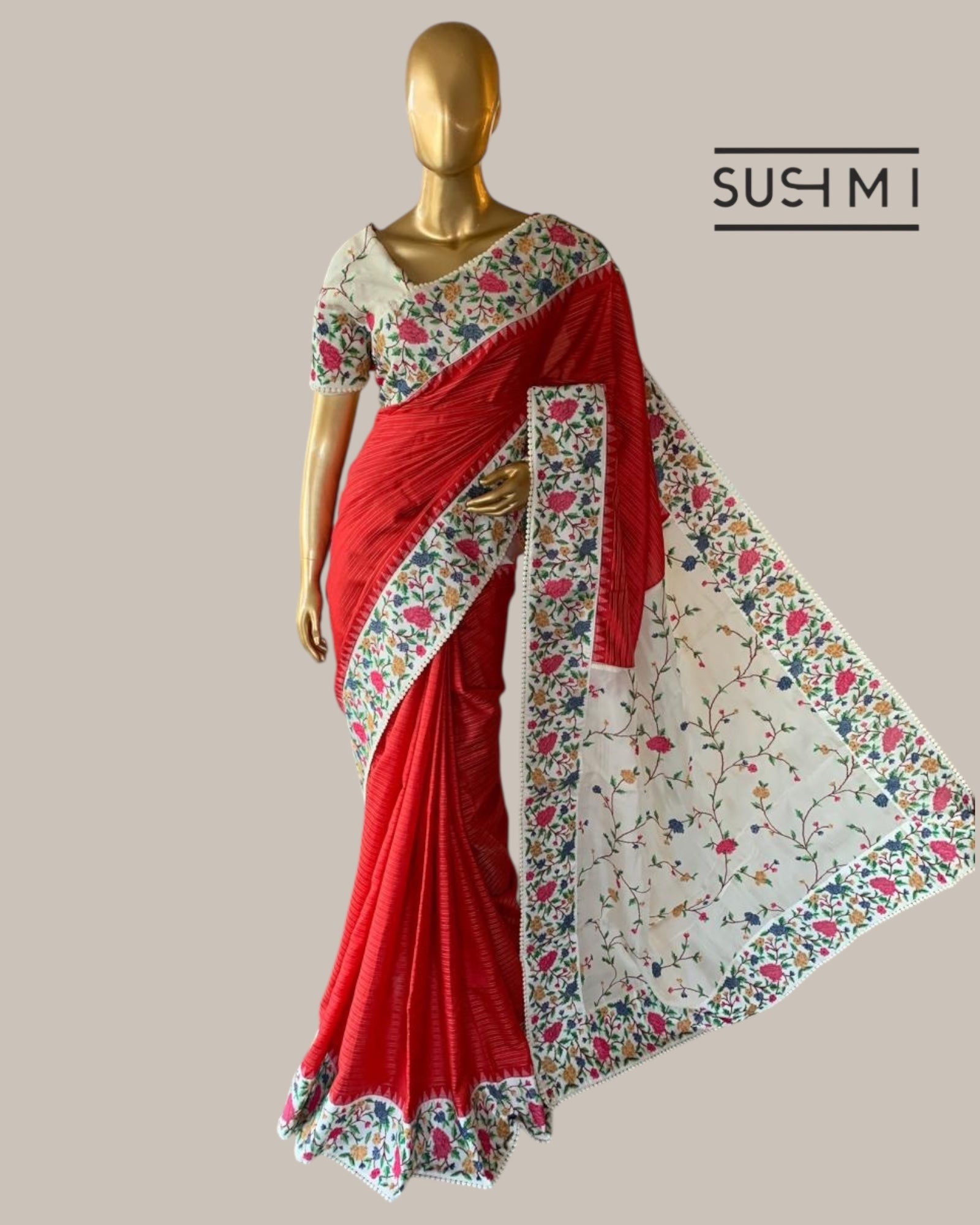 Red Kanchi Soft Silk Saree With Petite Point Embroidered Border Pallu & Blouse