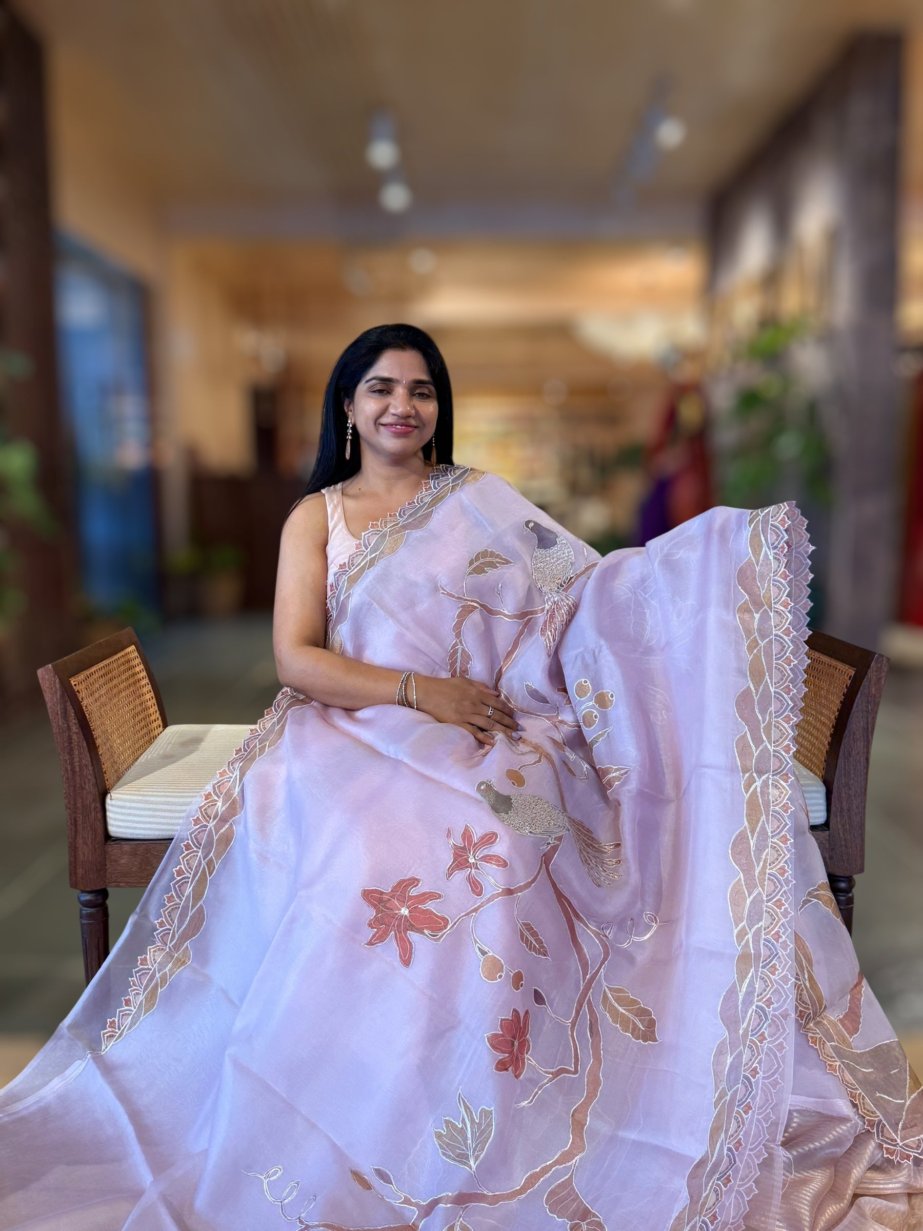 Lilac Pink Pure Organza Saree with one of a kind Tissue Applique work allover