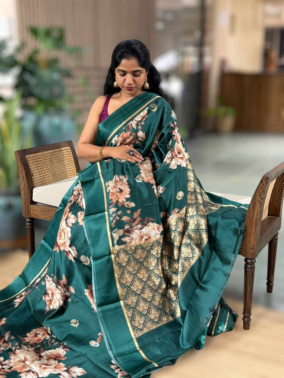 Forest Green Kanchi Soft Silk with Bold Floral Print
