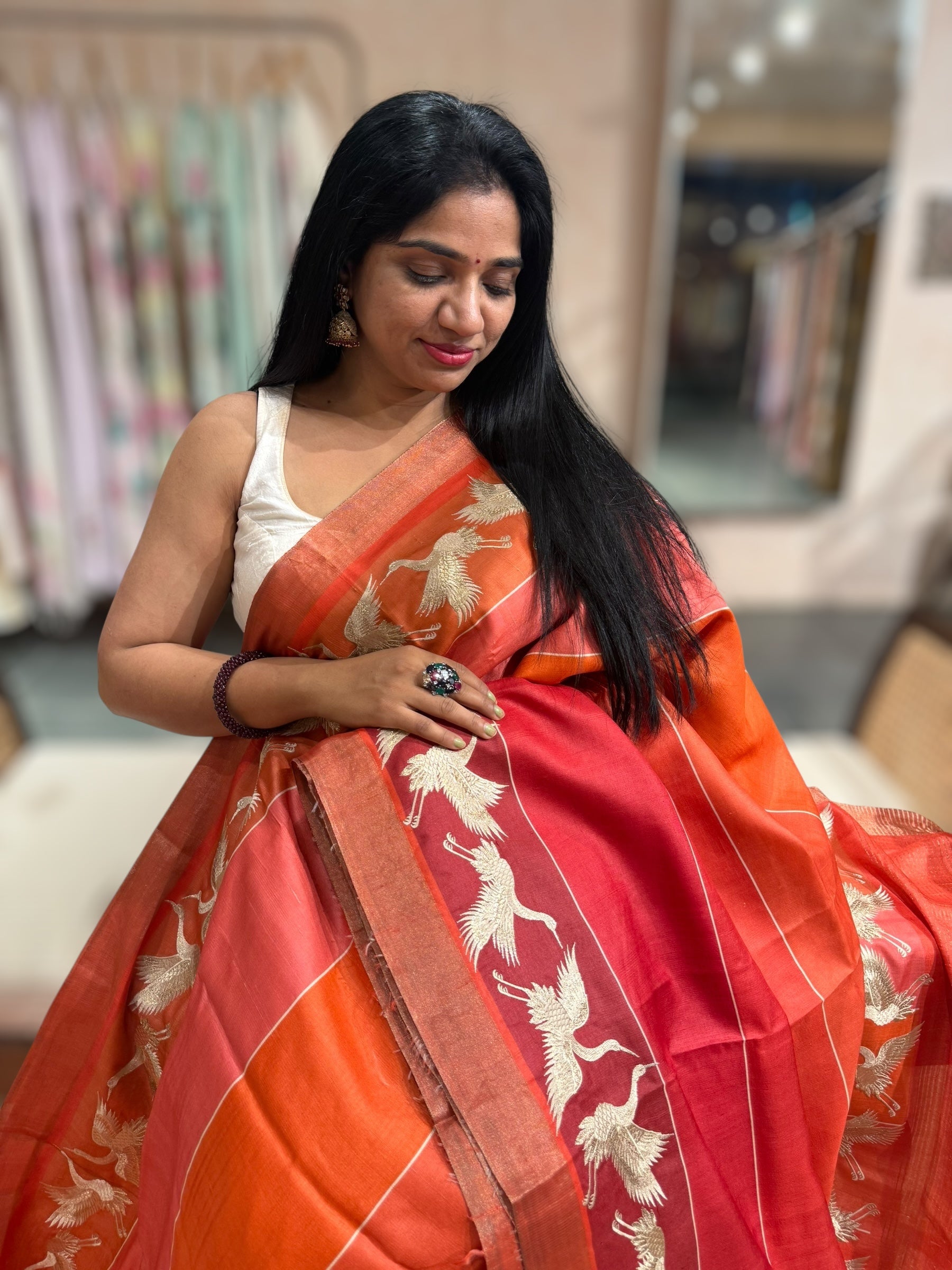 Tussar Rangkaat Saree With Crane Embroidered Border