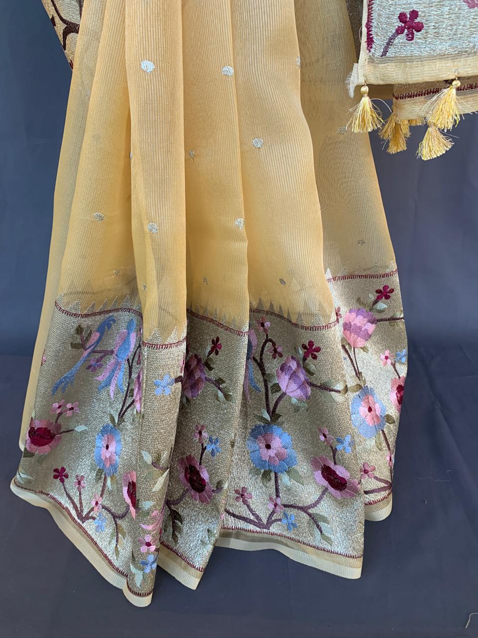 KTPA1413 Besan Yellow Kota Tissue Stripes Saree wth Tissue Pythani Skirt Border