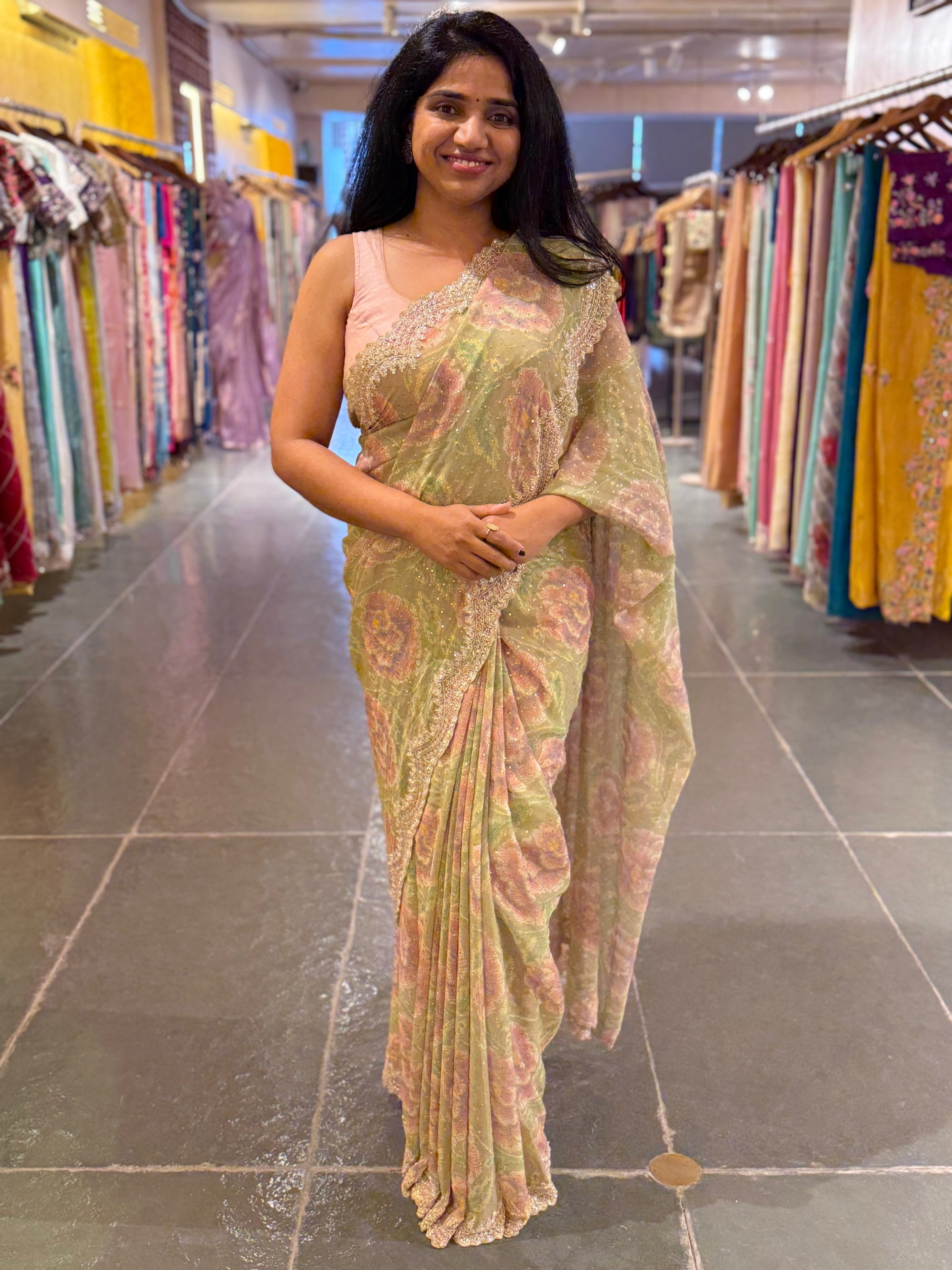 Pista Green Pure gorgette printed Saree with handwork