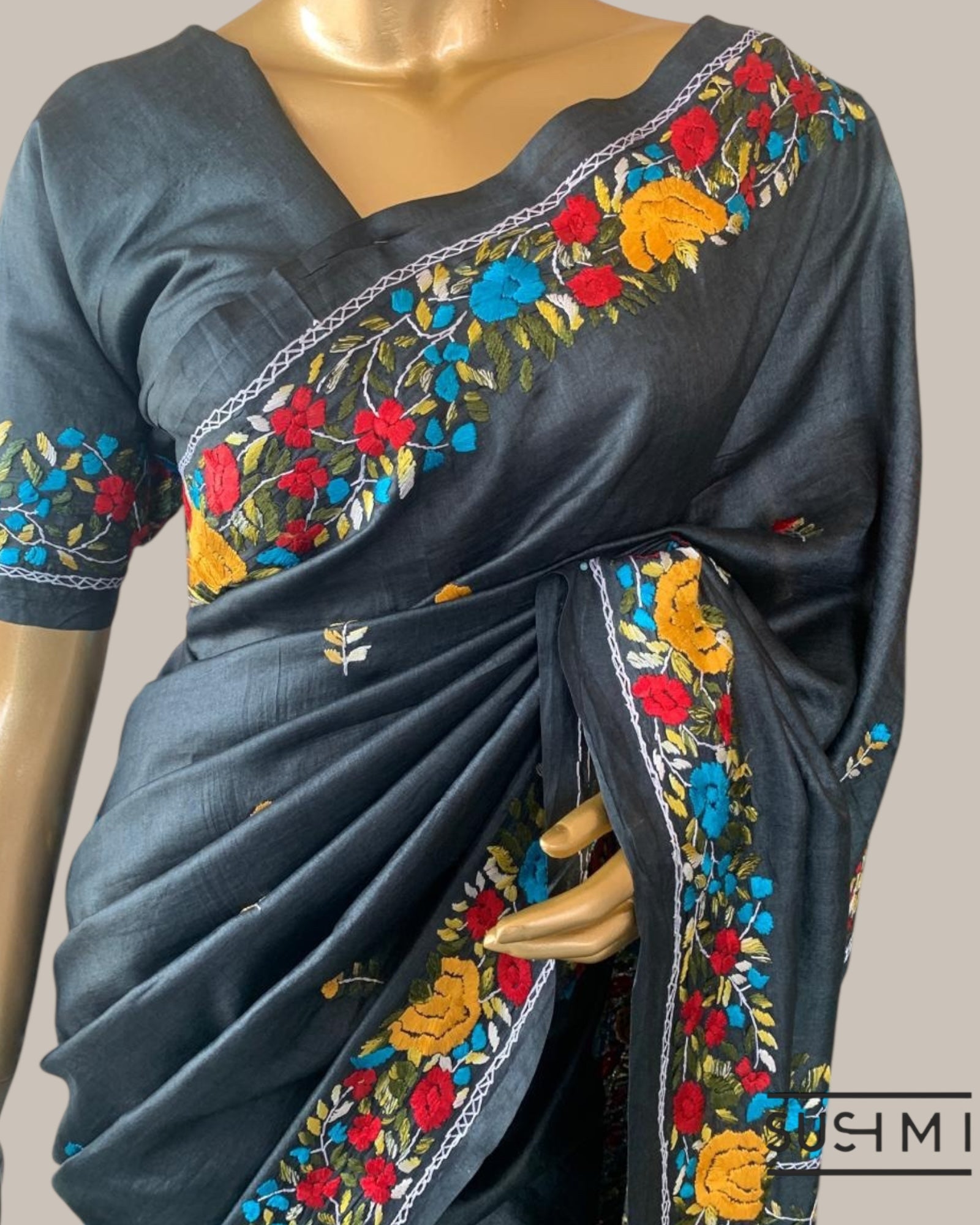 Elephant Grey Pure Tussar Saree with Parsi Gara  handwork