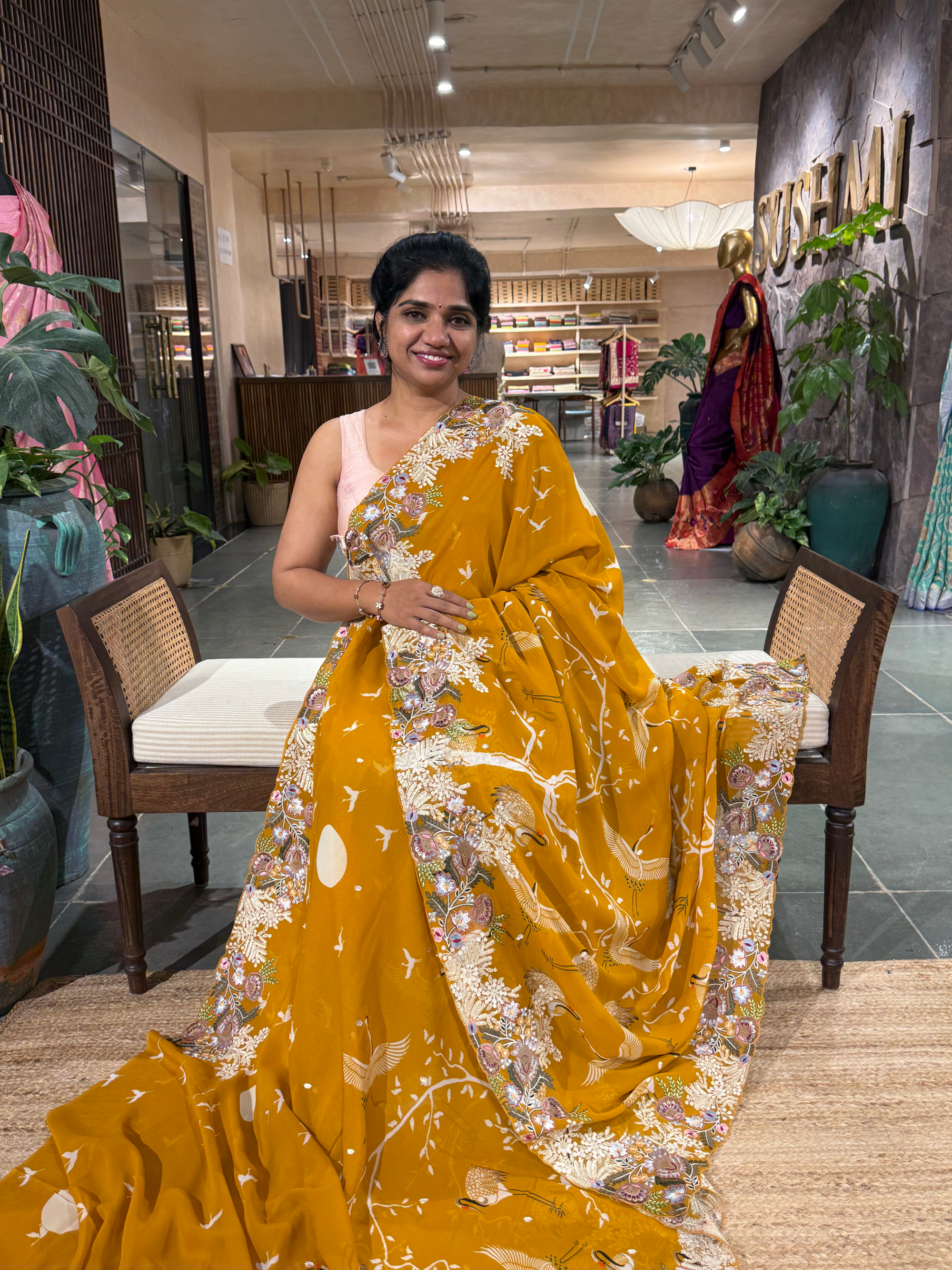 Pure  Gorgette Printed Saree With Stunning Threadwork Embroidered Border
