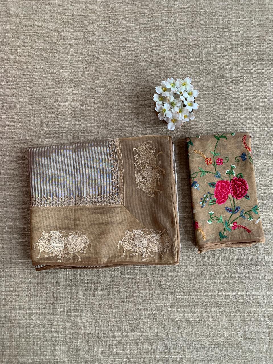 Earthy Tone Tissue Stripes Saree with Nandi Border & Tissue Petite Point Blouse