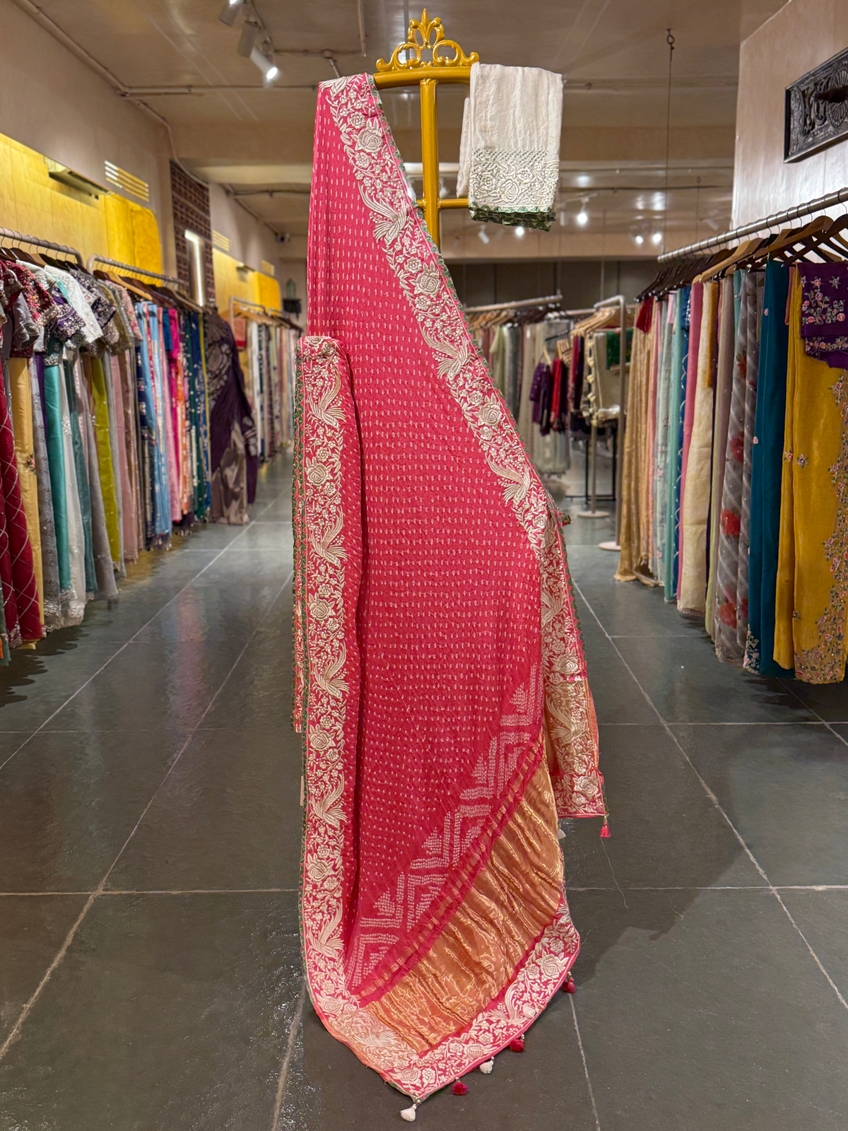 Neon Pink Pure Gajji Silk Kutch Bandhej Saree with Parsi Gara Embroidery