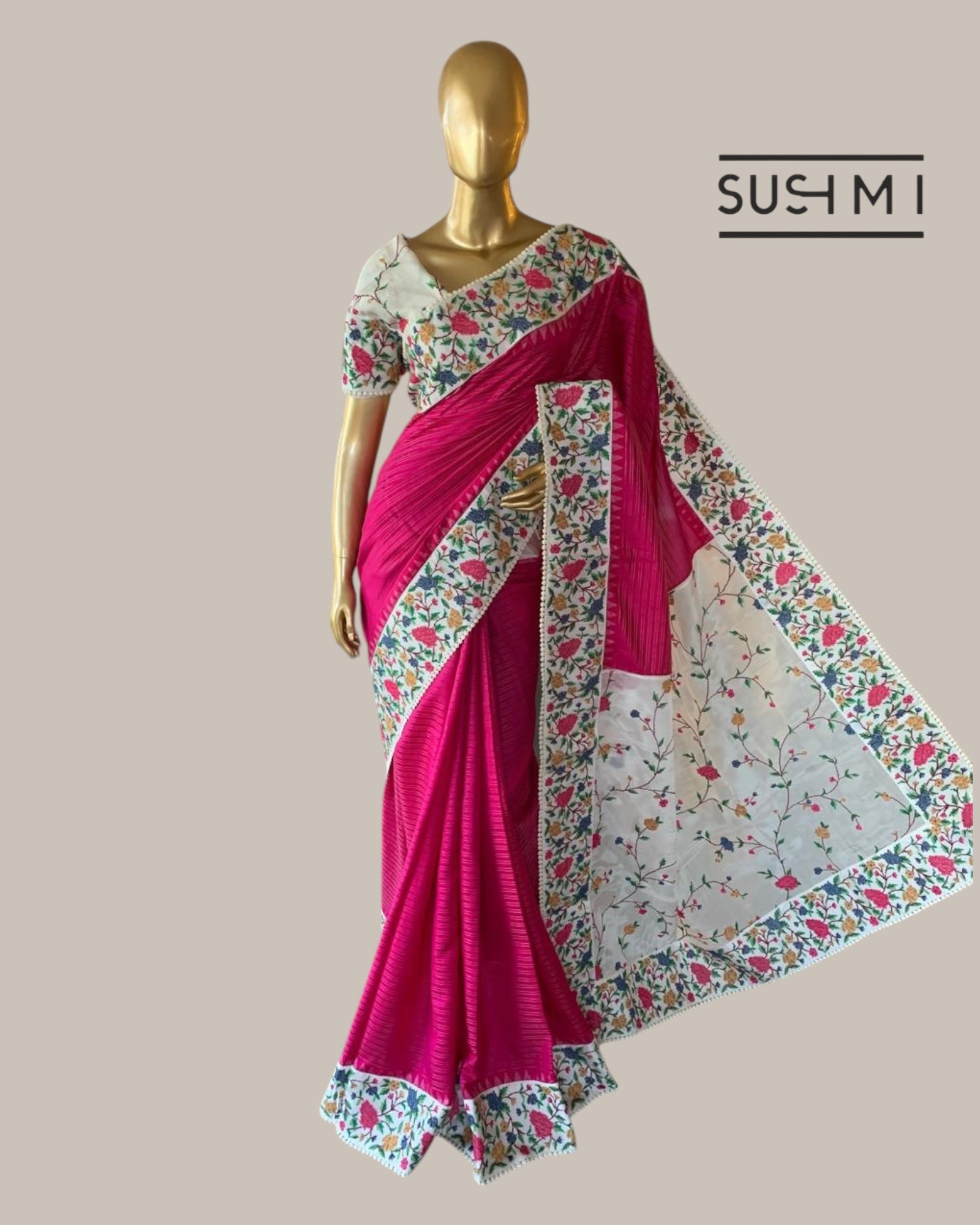 Pink Kanchi Soft Silk Saree With Petite Point Embroidered Border Pallu & Blouse