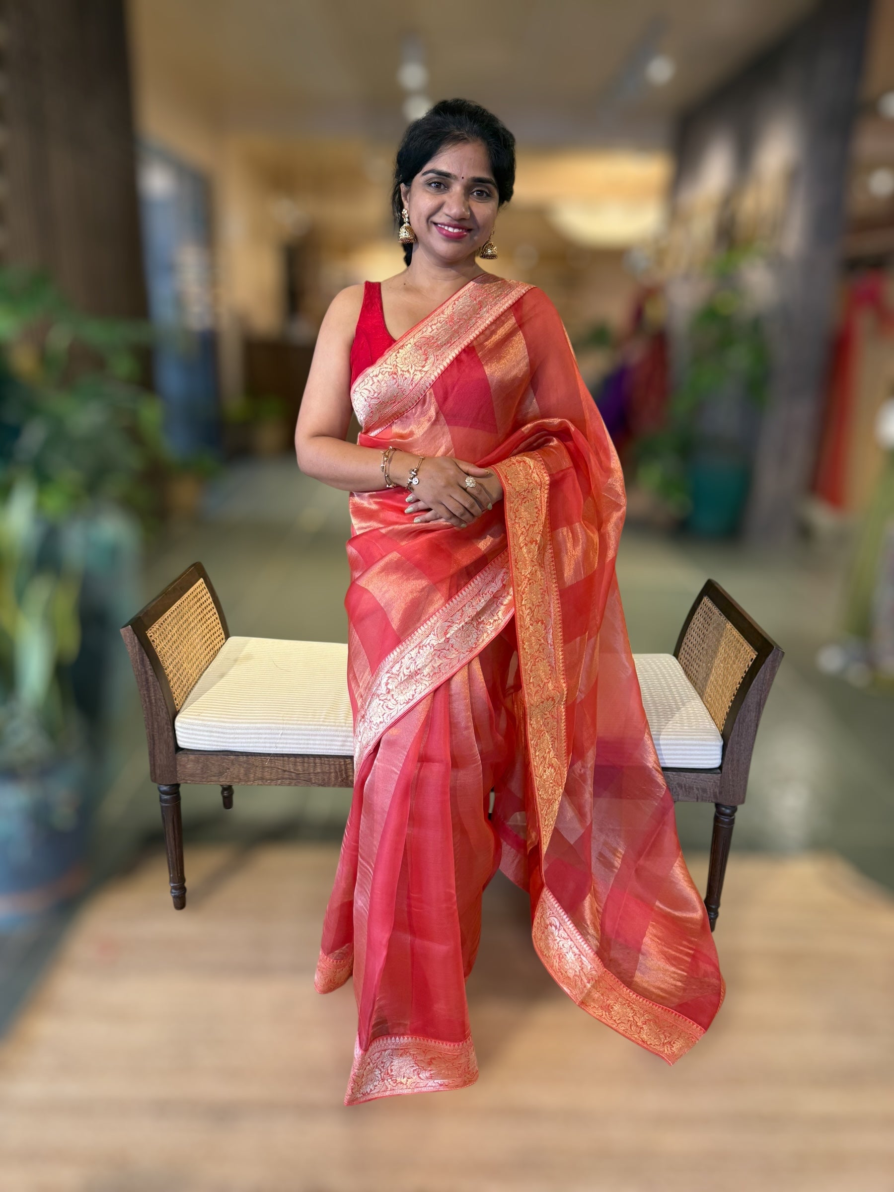 Koral Pink Banarasi Kora Tissue Stripes Saree With Banarasi Borders & Blouse