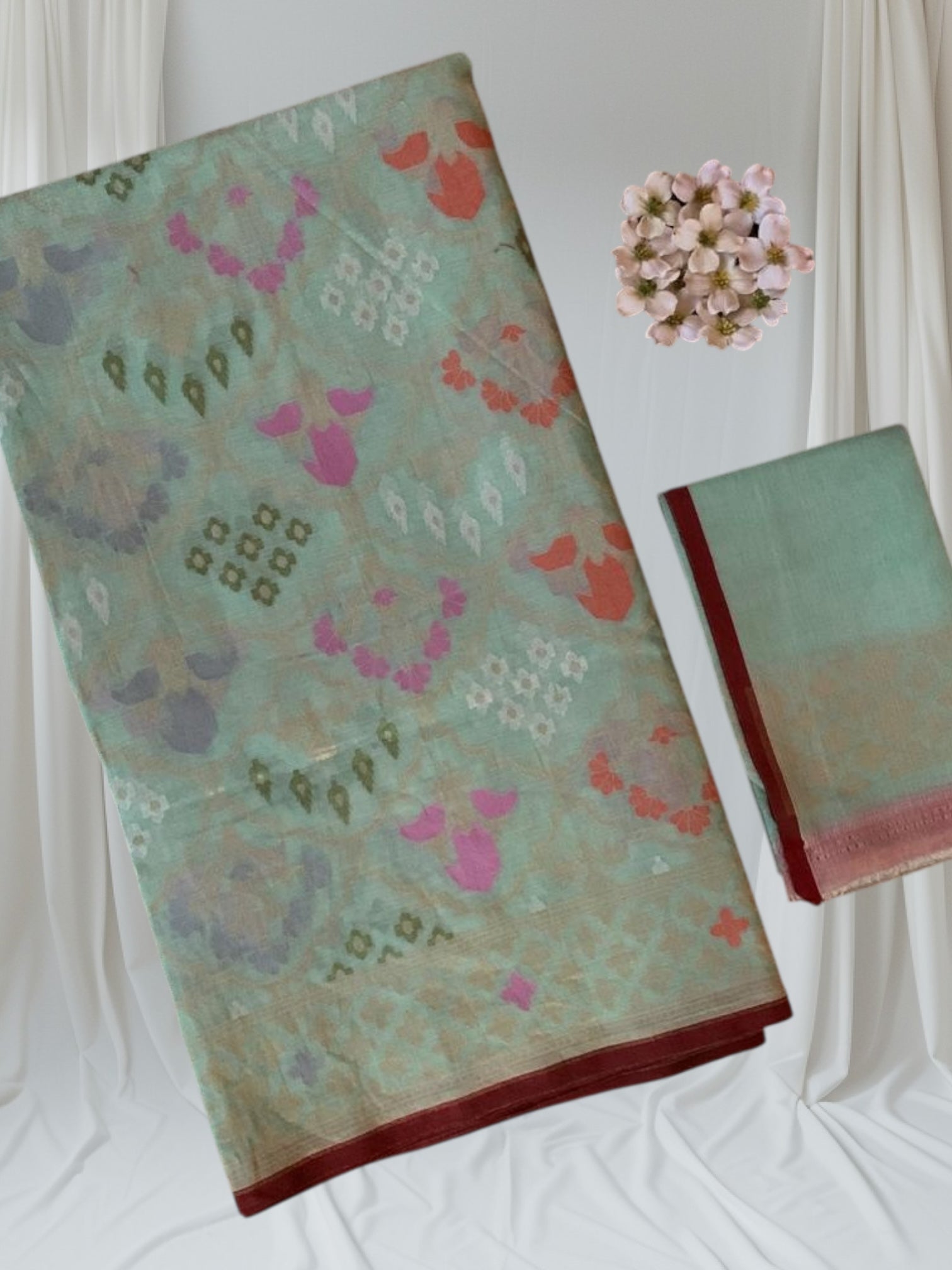 Mint Banarasi Handloom Cotton Cut Jamdani Saree With Allover Meenakari