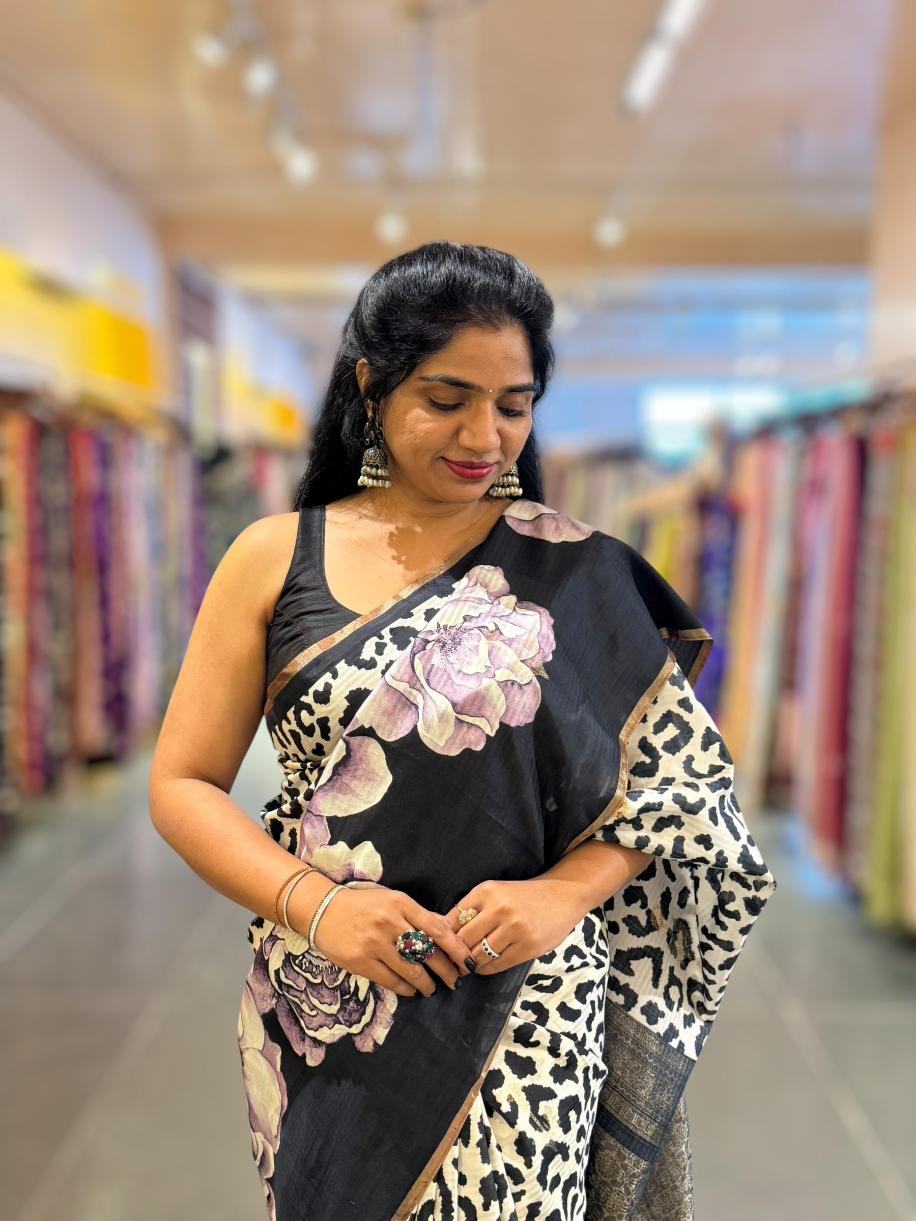 Kanchi Soft Silk Saree with Leopard and Statement 3D Rose Print