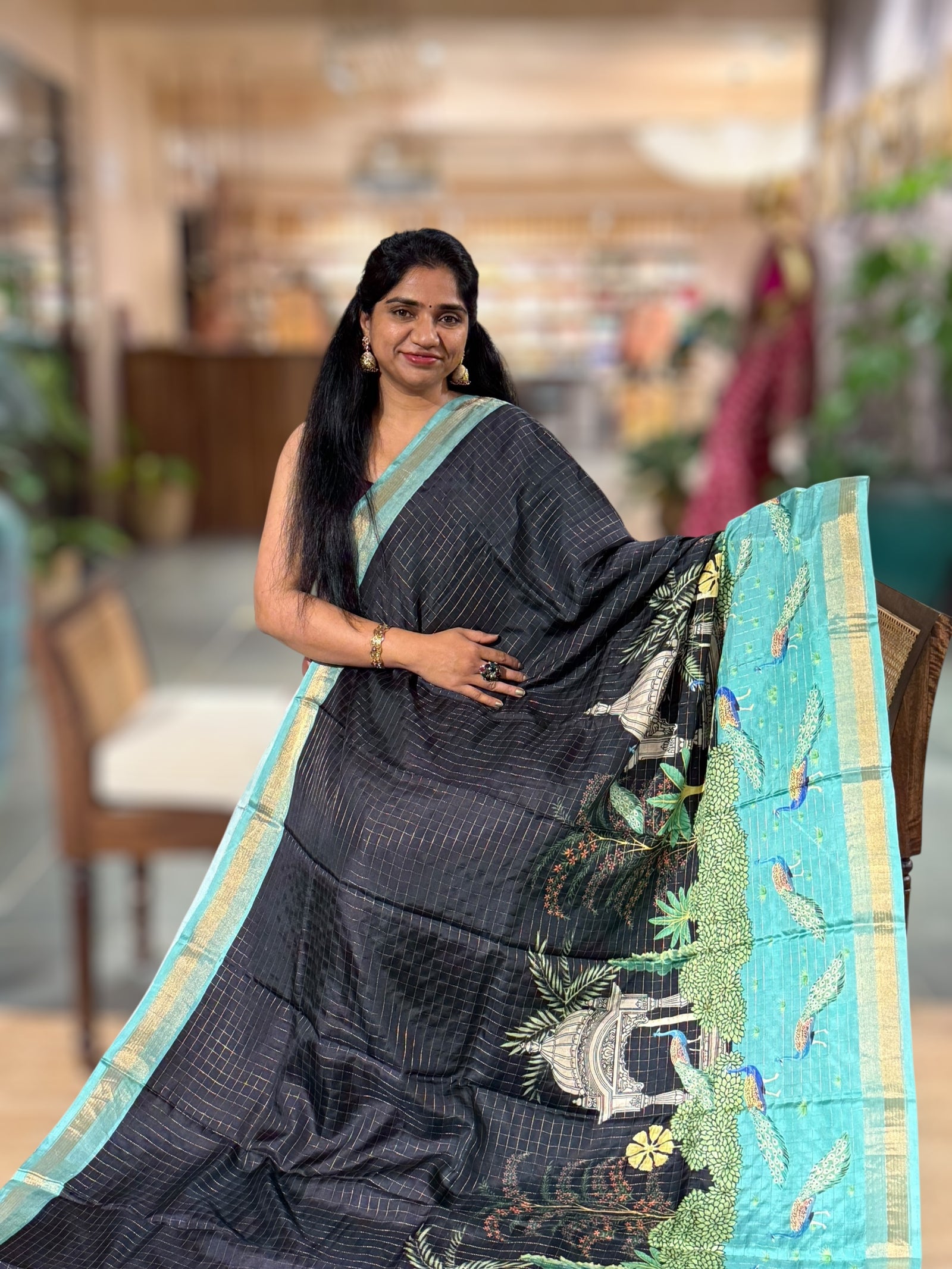 Black Checks Soft Silk with beautiful Skirt Border Peacock Print