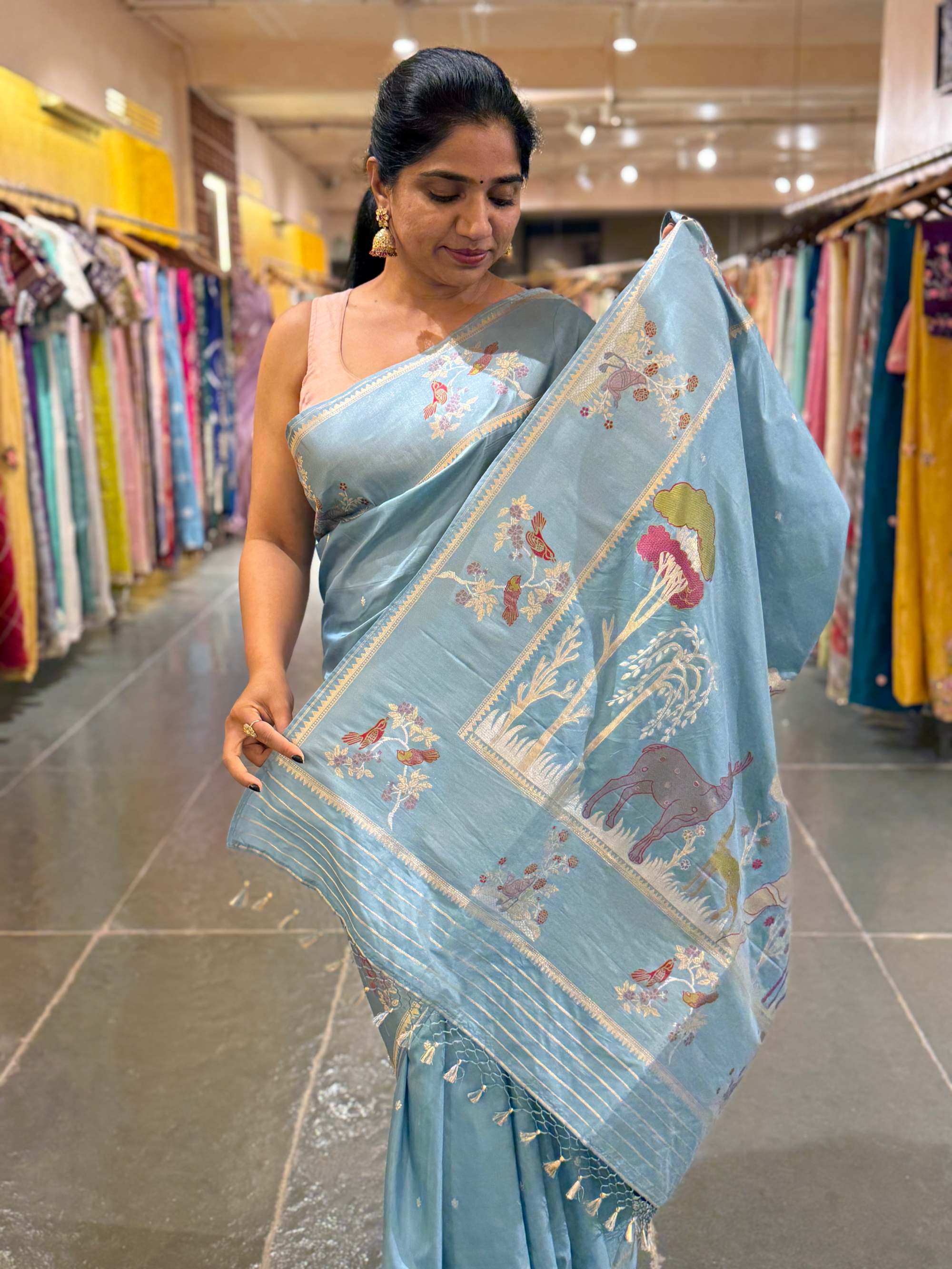 Dusty Blue Designer Banarasi Silk Saree