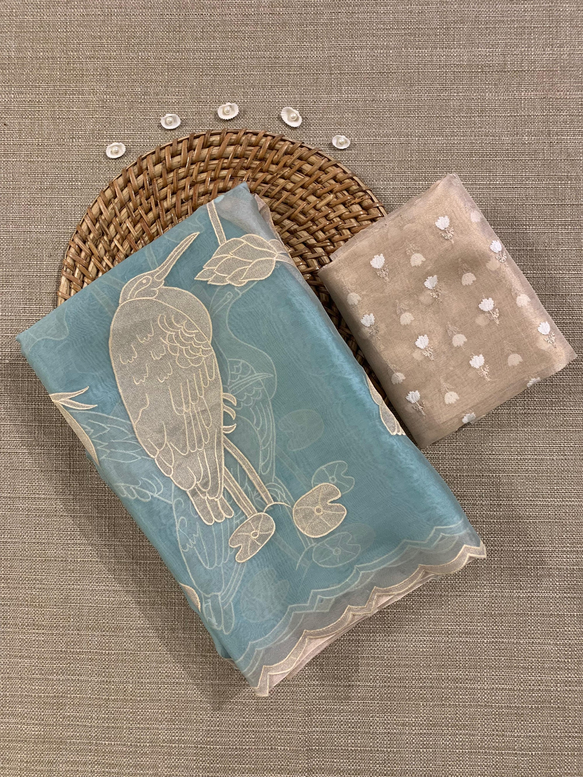 Sky Blue Pure Organza Designer Saree with Allover Tissue Applique Embroidery