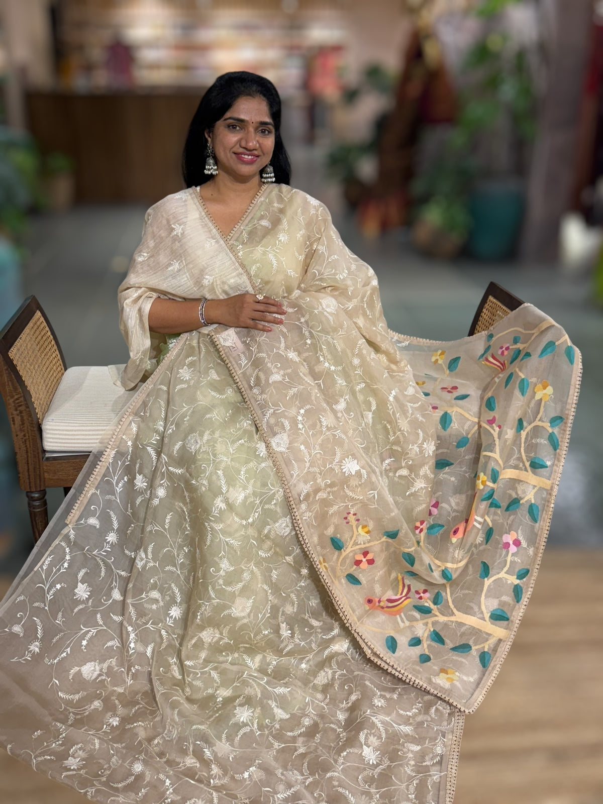 Beige Pure Handloom Muslin Saree with Allover chikankari & Jamdnai Pallus