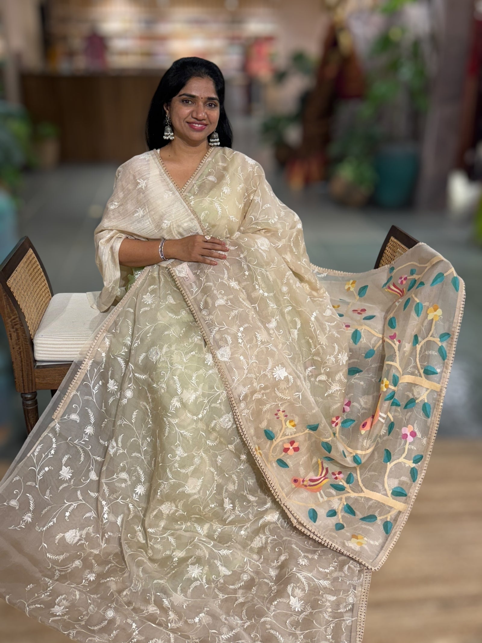 Beige Pure Handloom Muslin Saree with Allover chikankari & Jamdnai Pallus