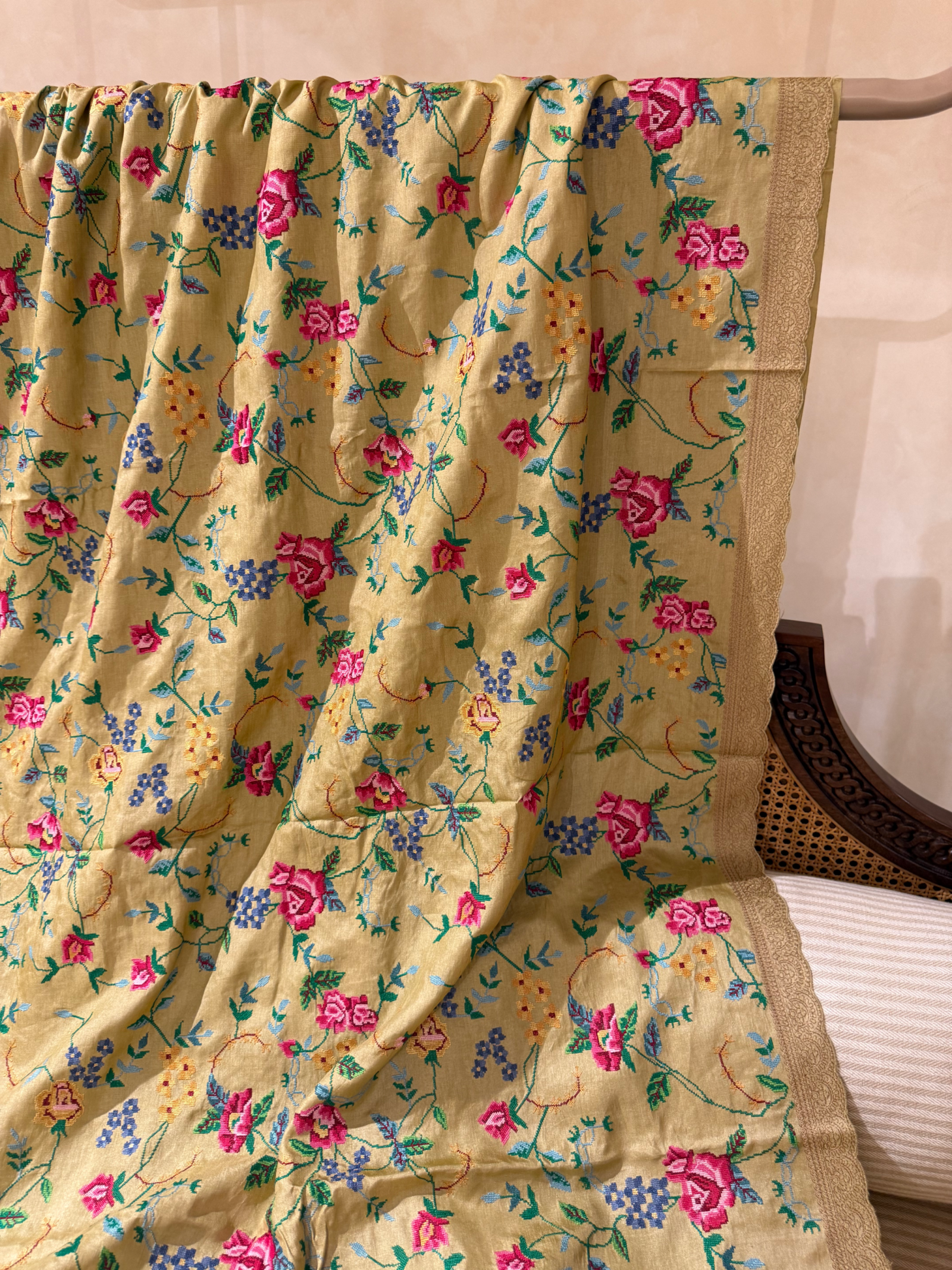 STPPA204 : Khakhi Pure Tussar Saree With Allover Petite Point Embroidery