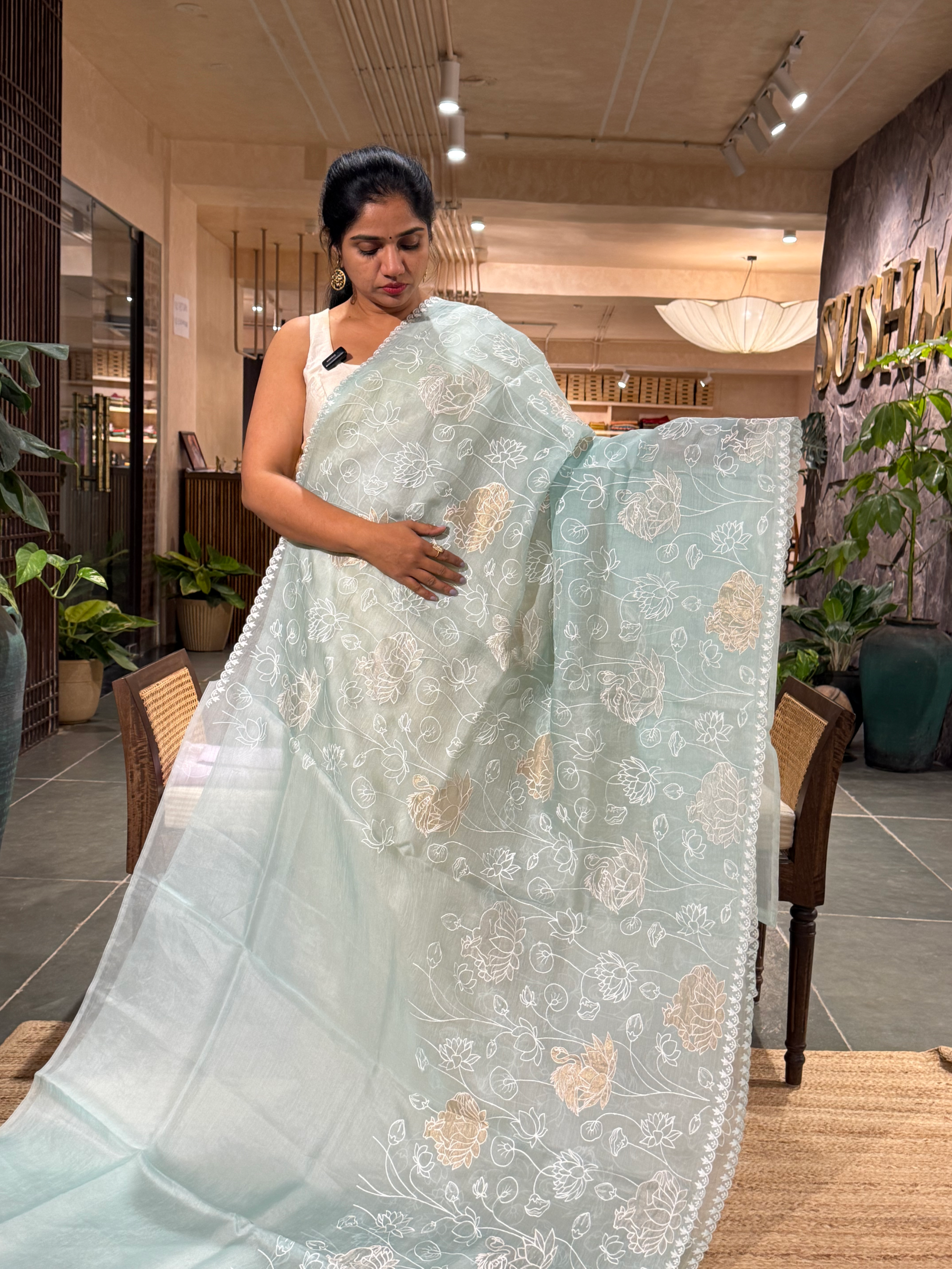 SOAA1608 : Pastel Blue Organza Saree with Allover Pichwai Applique Embroidery