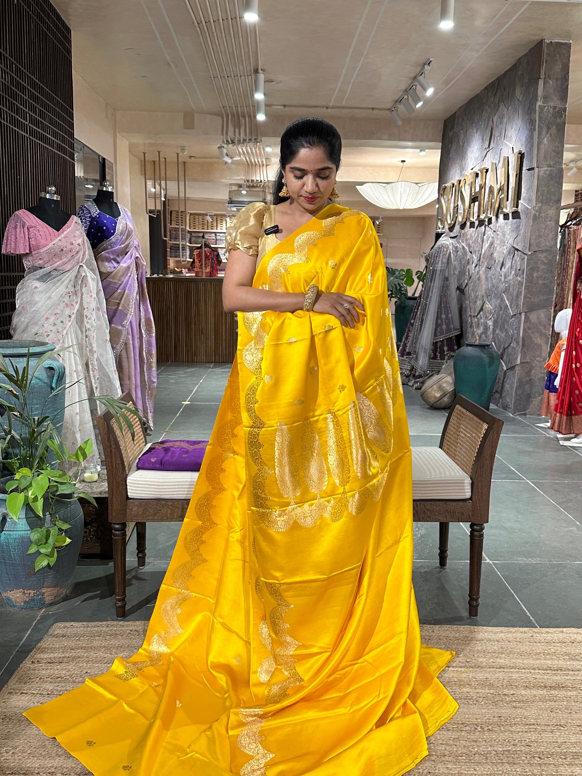 Yellow Pure Banarasi Handloom Mashru Silk Saree  with kaduwa weaving