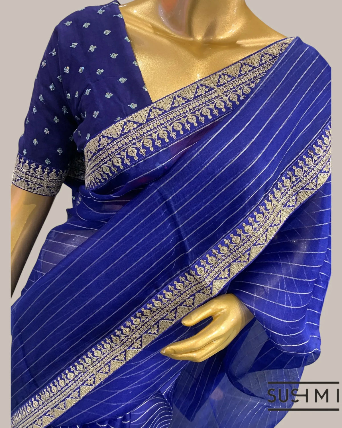 Royal Blue Organza Saree with Zari stripes Hemlined with sabhyasachi border and