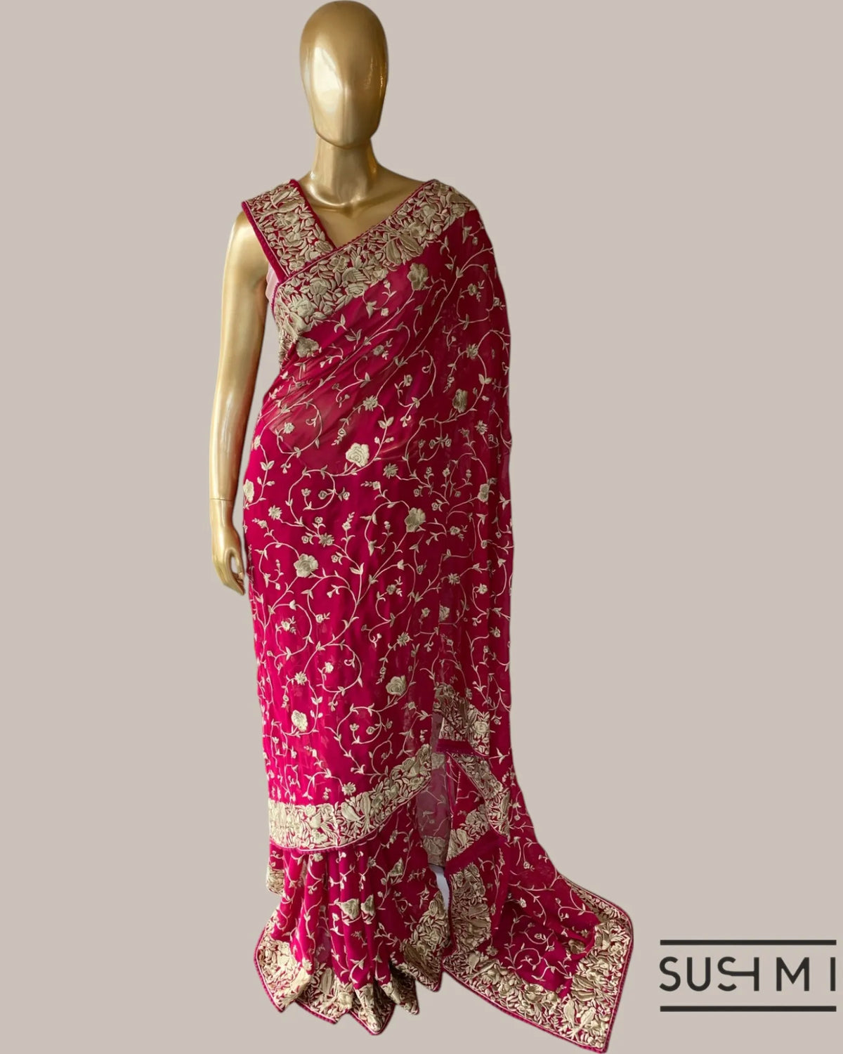 Ruby Red Pure Gorgette saree with parsi gara machine embroidery work allover   O