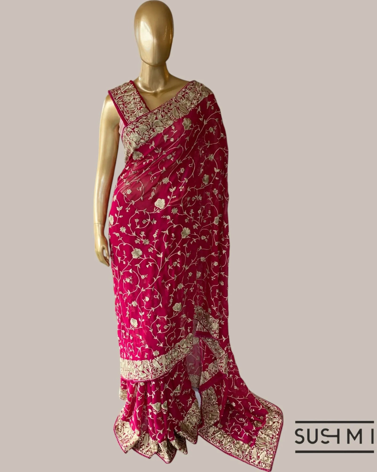 Ruby Red Pure Gorgette saree with parsi gara machine embroidery work allover   O