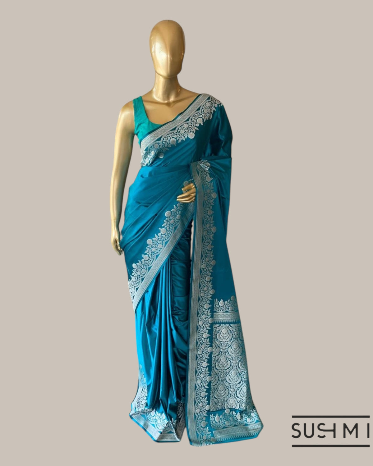 Peacock Blue Mashru Silk Saree With Staright and  Scalloped Border