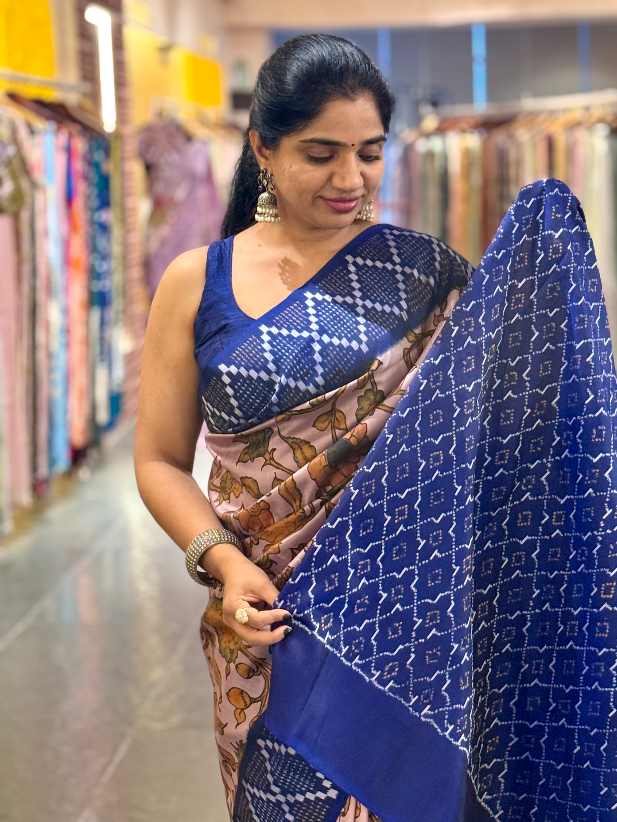 Ikkath Patola Sarees with Pen Kalamkari Style Digital  Prints