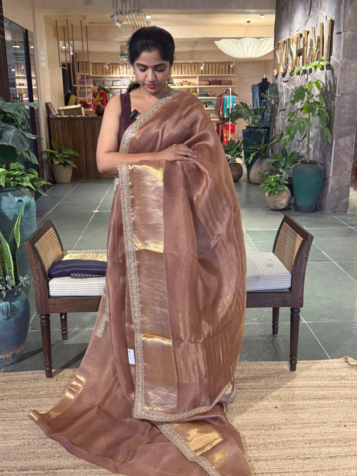 SK1091413ORG: Dusty Light Brown Kanchi Kora Saree with allover mukaish handwork