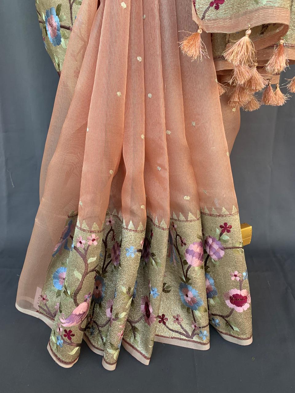 KTPA1410 Peach Kota Tissue Stripes Saree with Tissue Pythani Skirt Border
