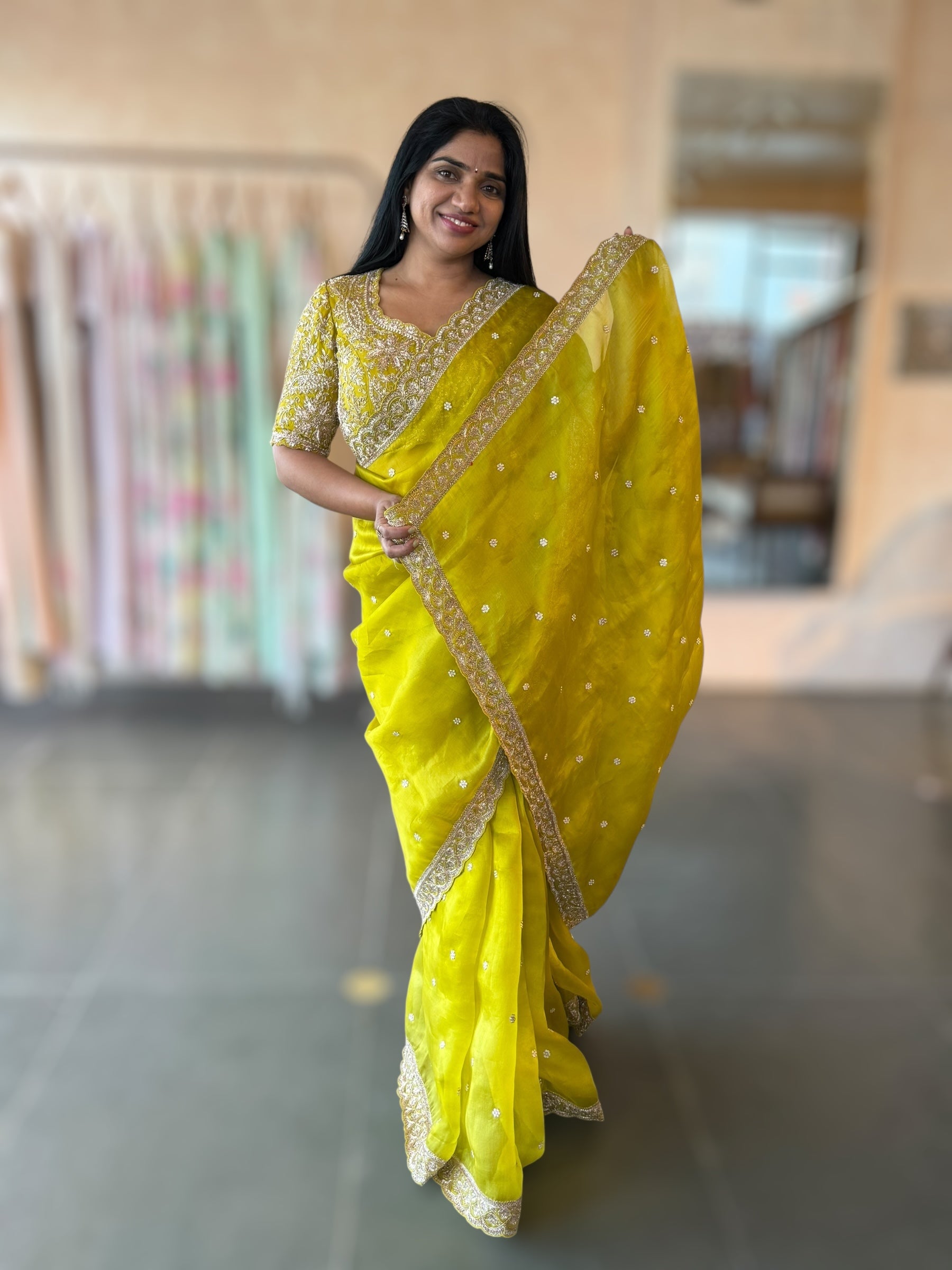 Neon Green Organza Handwork Saree