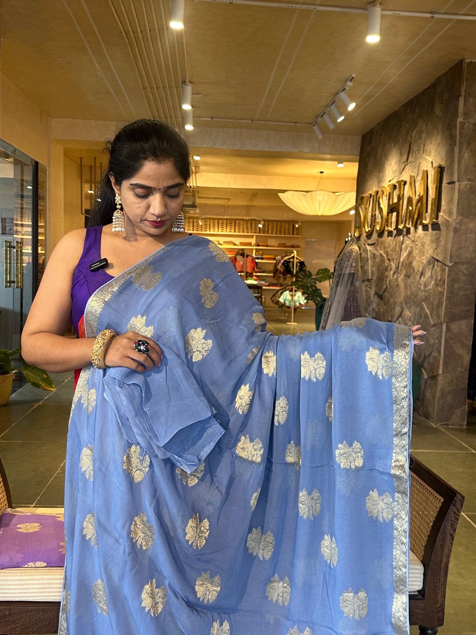Blue Banarasi Chiffon Saree