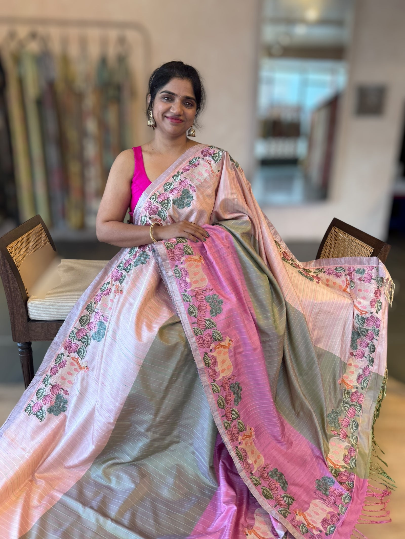 Kanchi Silk Saree in Tricolor With Beautiful Pichwai Embroidered Border